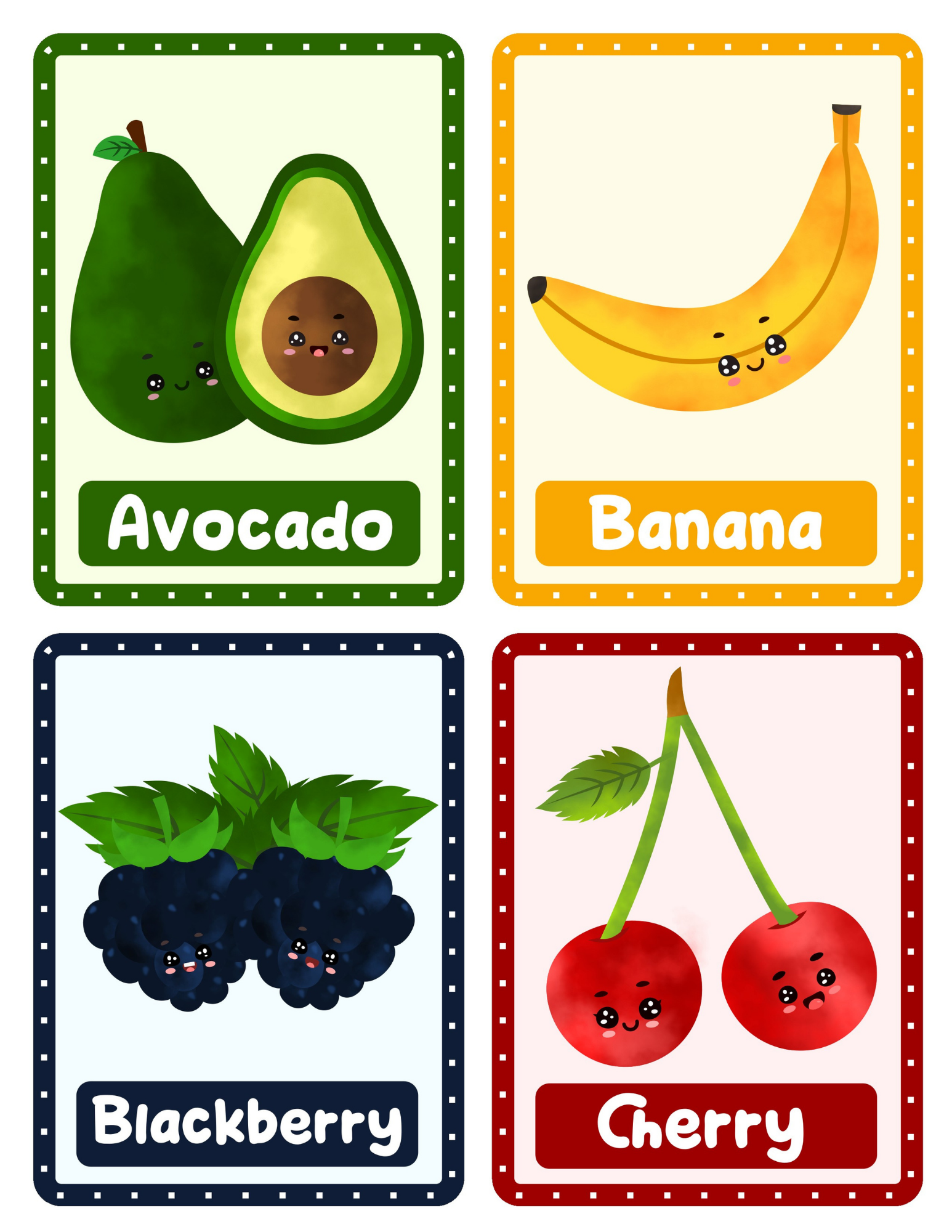Cute Watercolor Fruits Flashcards For Kids
