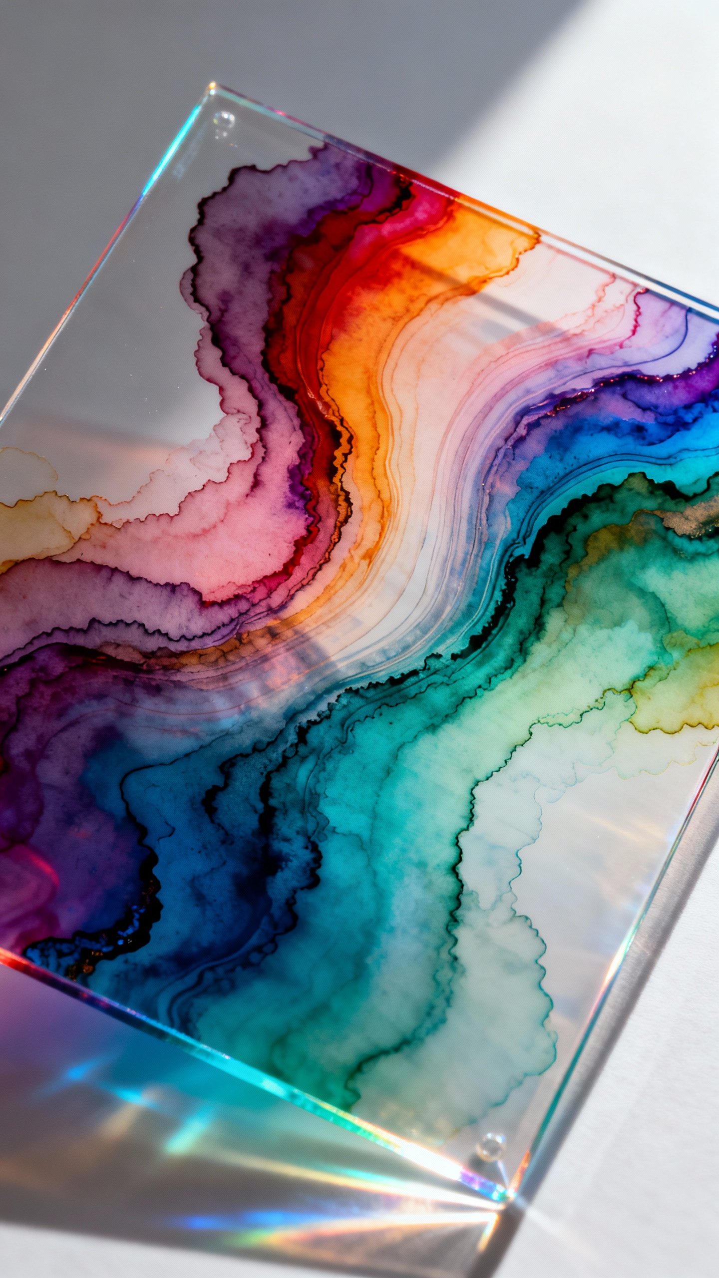 Alcohol ink sun catcher on PETG, tilting sheet, swirling vibrant gradients