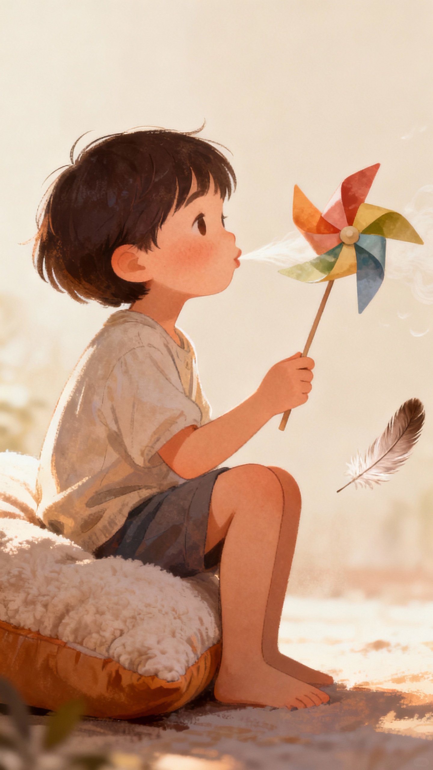 Child blowing pinwheel, long exhale, feather nearby, cozy pillow corner