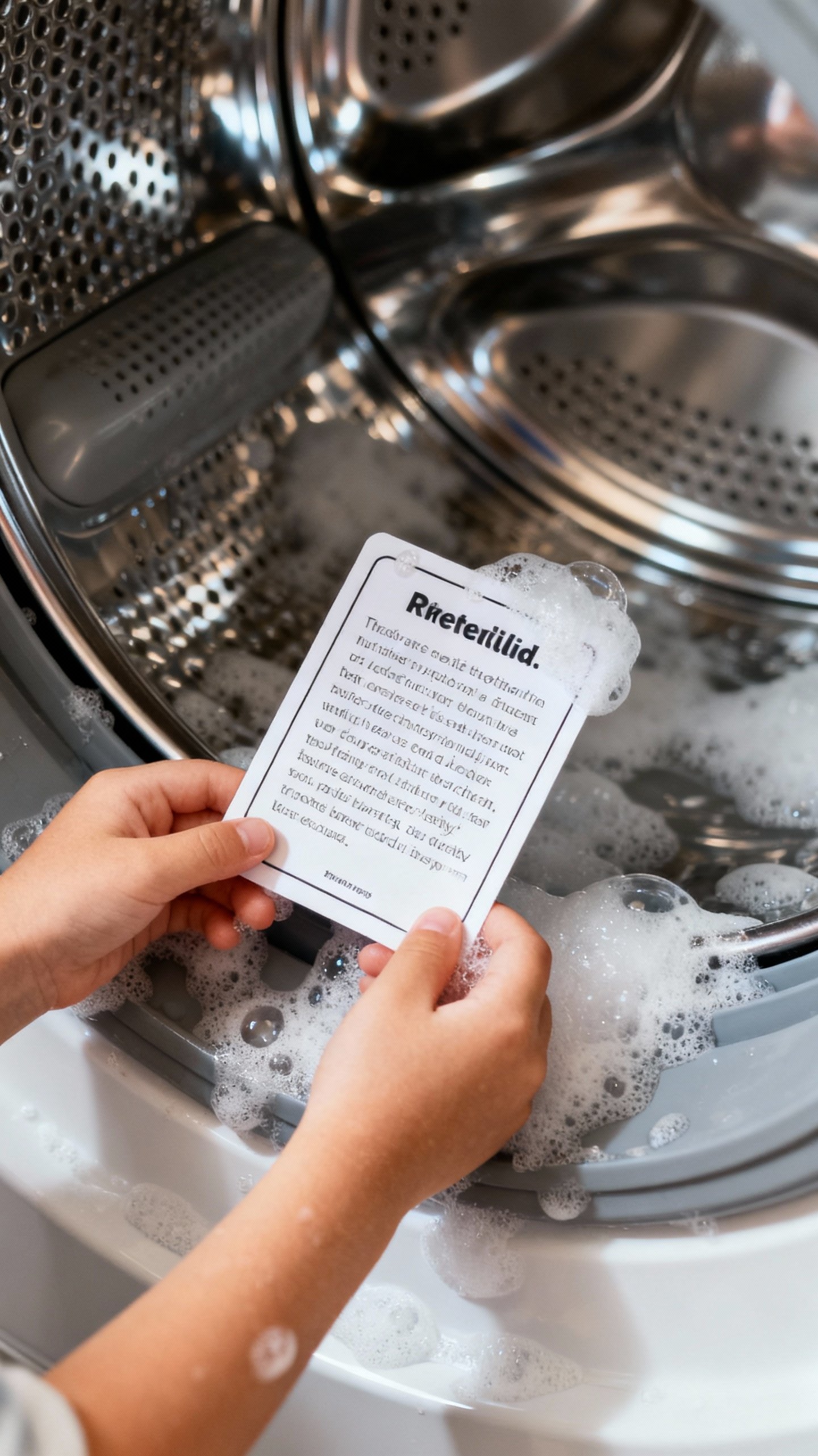 Child’s hands holding riddle card over washing machine, chrome and suds