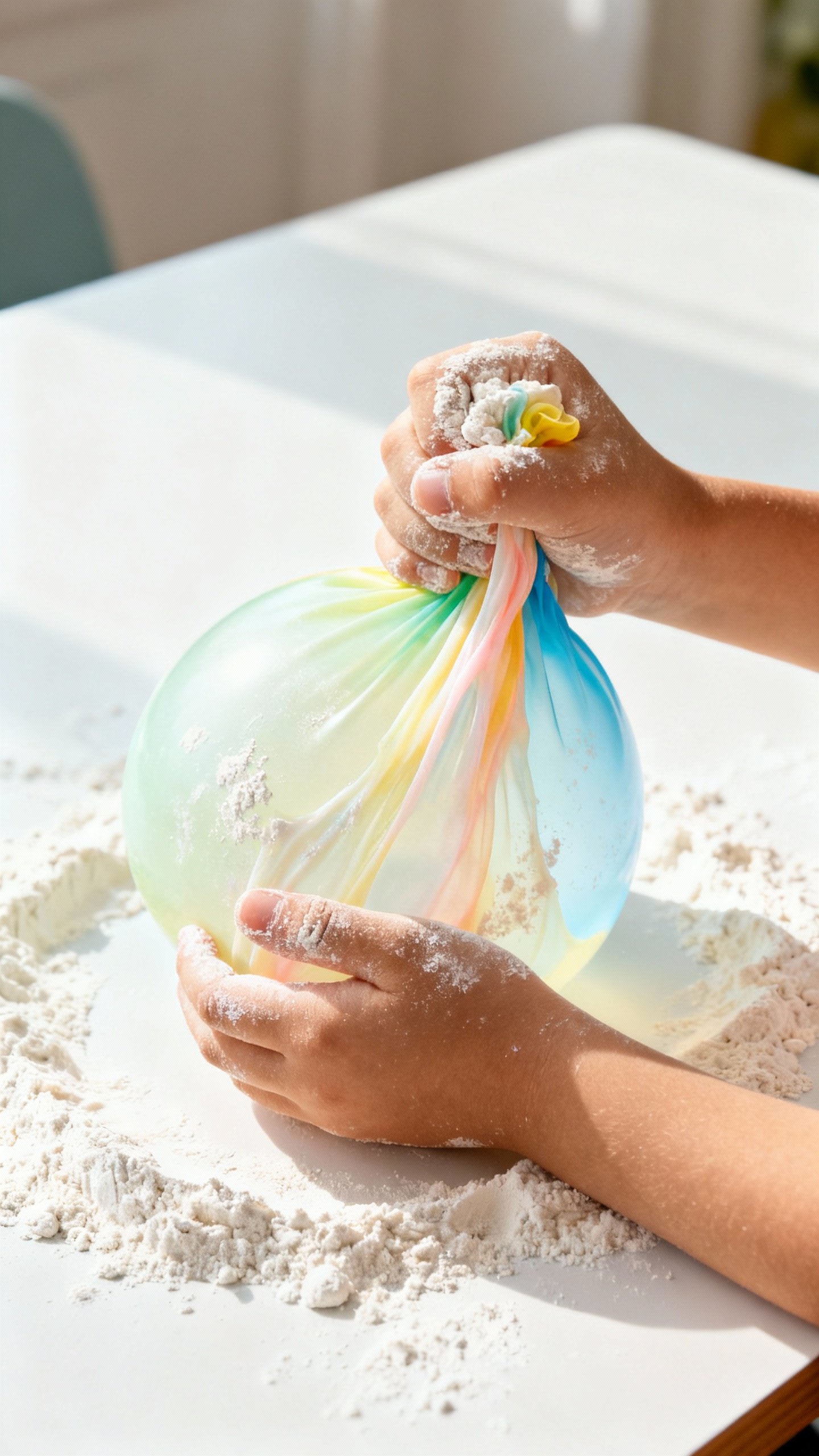 Child’s hands squeezing double-layer balloon filled with flour, stretchy latex texture, drawn face