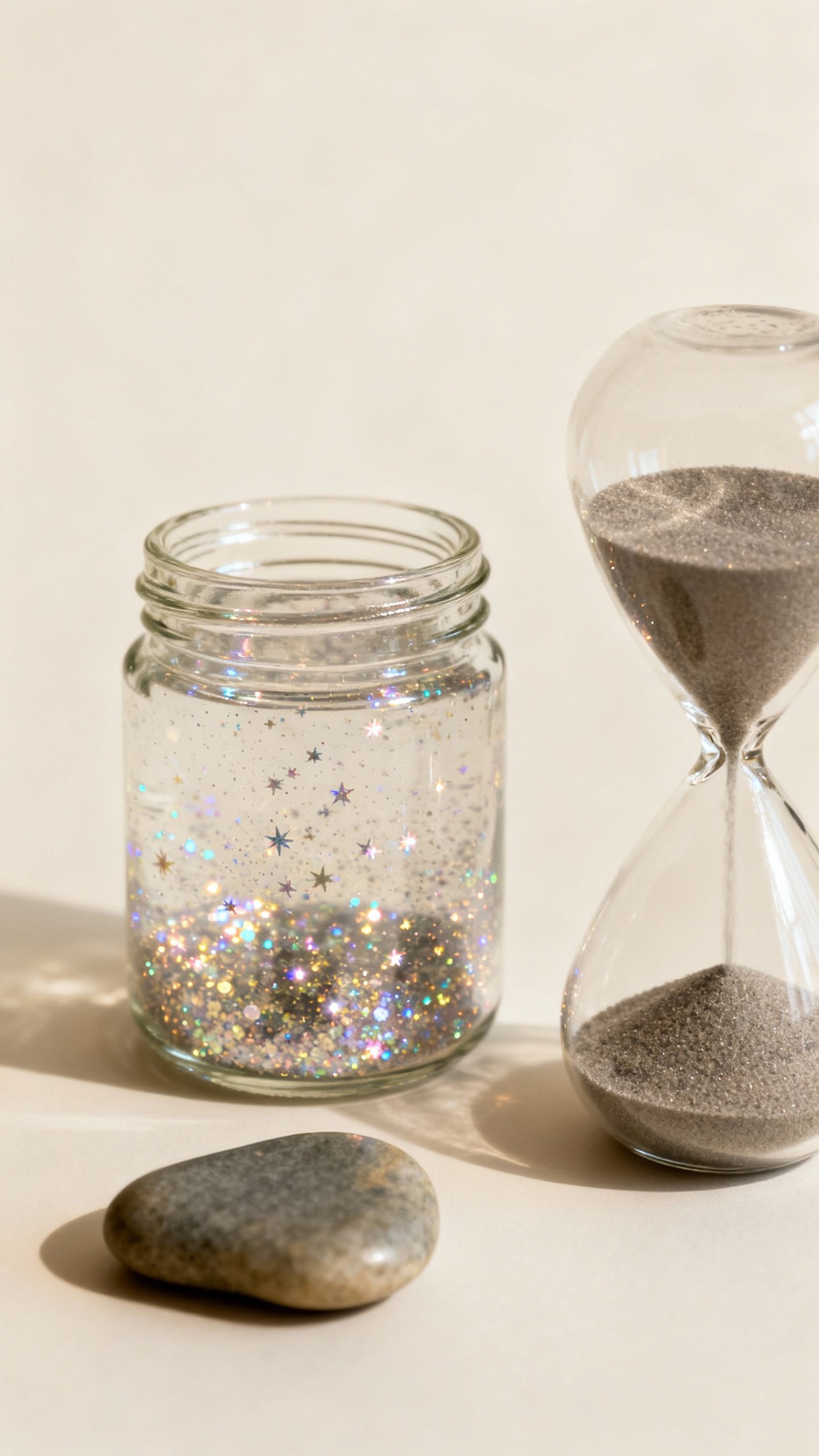 Clear bin with glitter jar, sand timer, worry stone, soft light