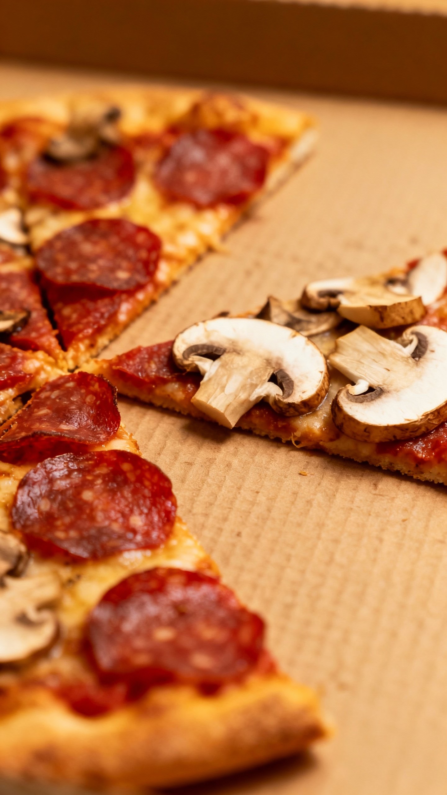 Closeup cardboard fraction pizza with pepperoni and mushroom paper toppings
