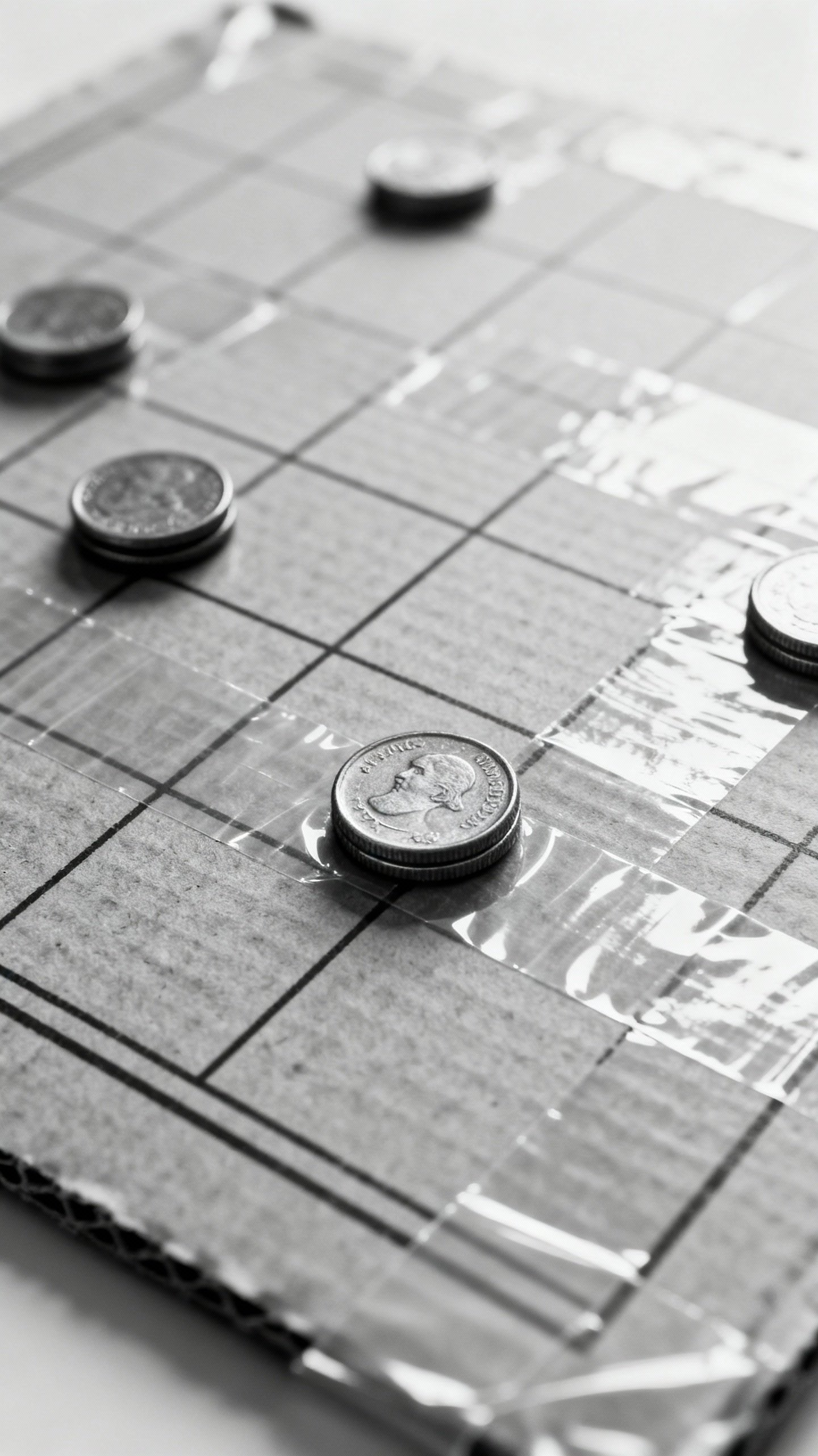 Closeup cereal box cardboard mounted board, clear packing tape lamination, coins as pawns