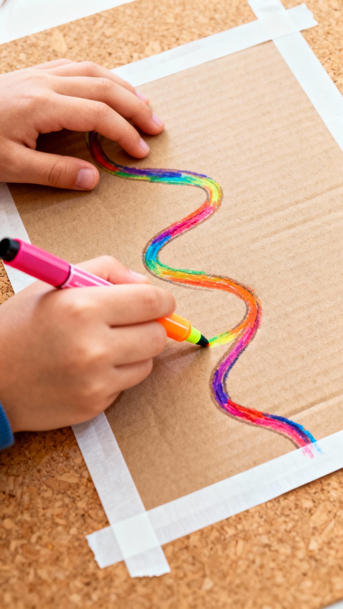 Closeup child hands drawing winding path board, bright markers, cardstock, taped edges