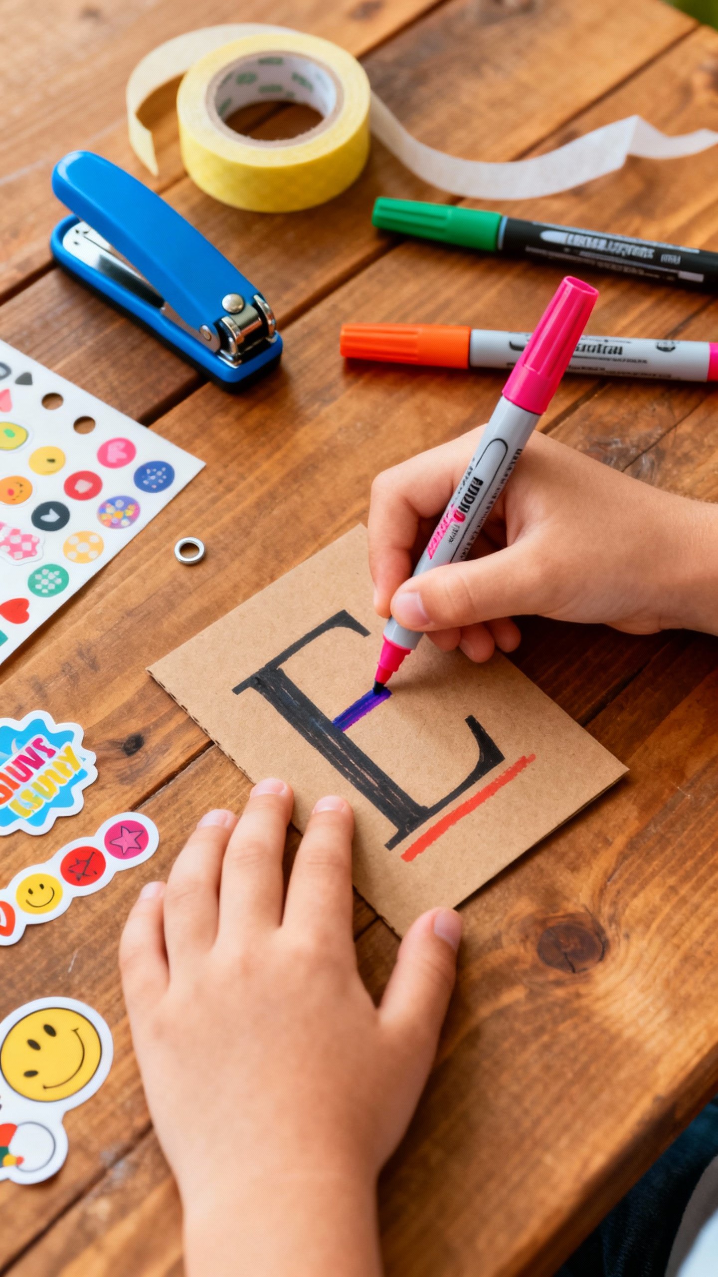Closeup child hands making cardstock letter cards, bold markers, stickers, washi tape, hole punch on