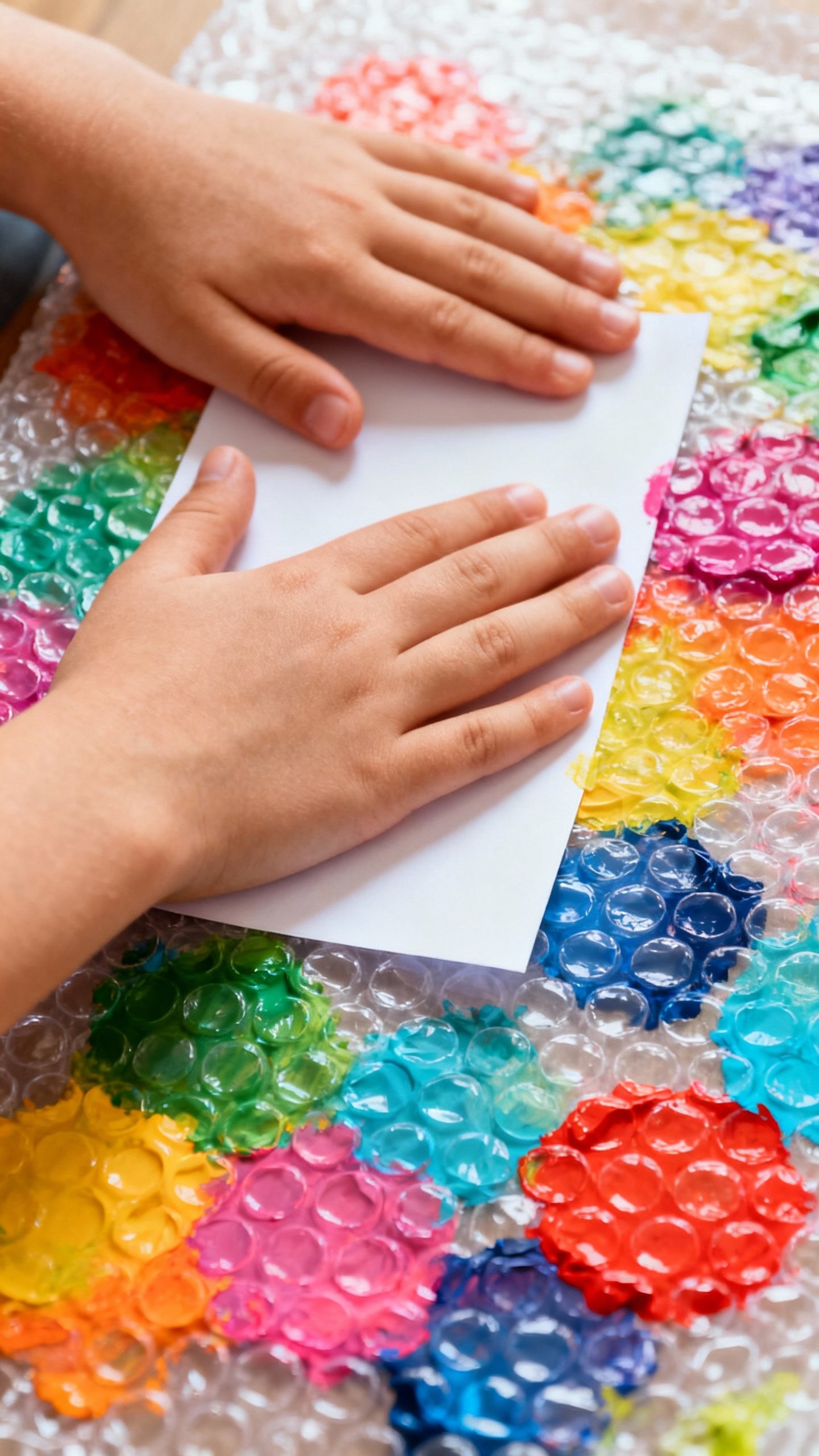 Closeup child hands pressing paper onto painted bubble wrap, bright tempera blobs