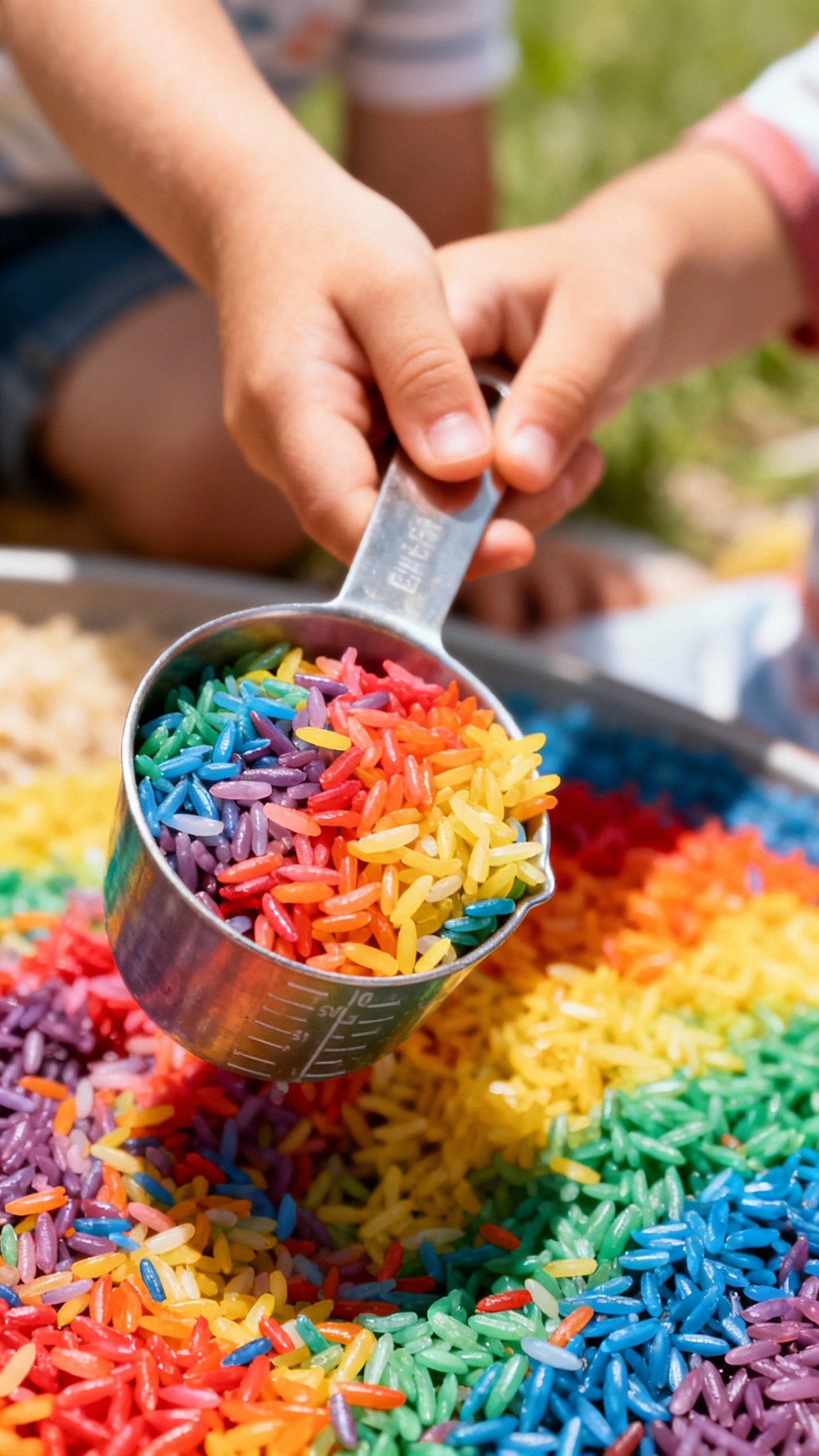 Closeup child hands scooping rainbow rice with measuring cups