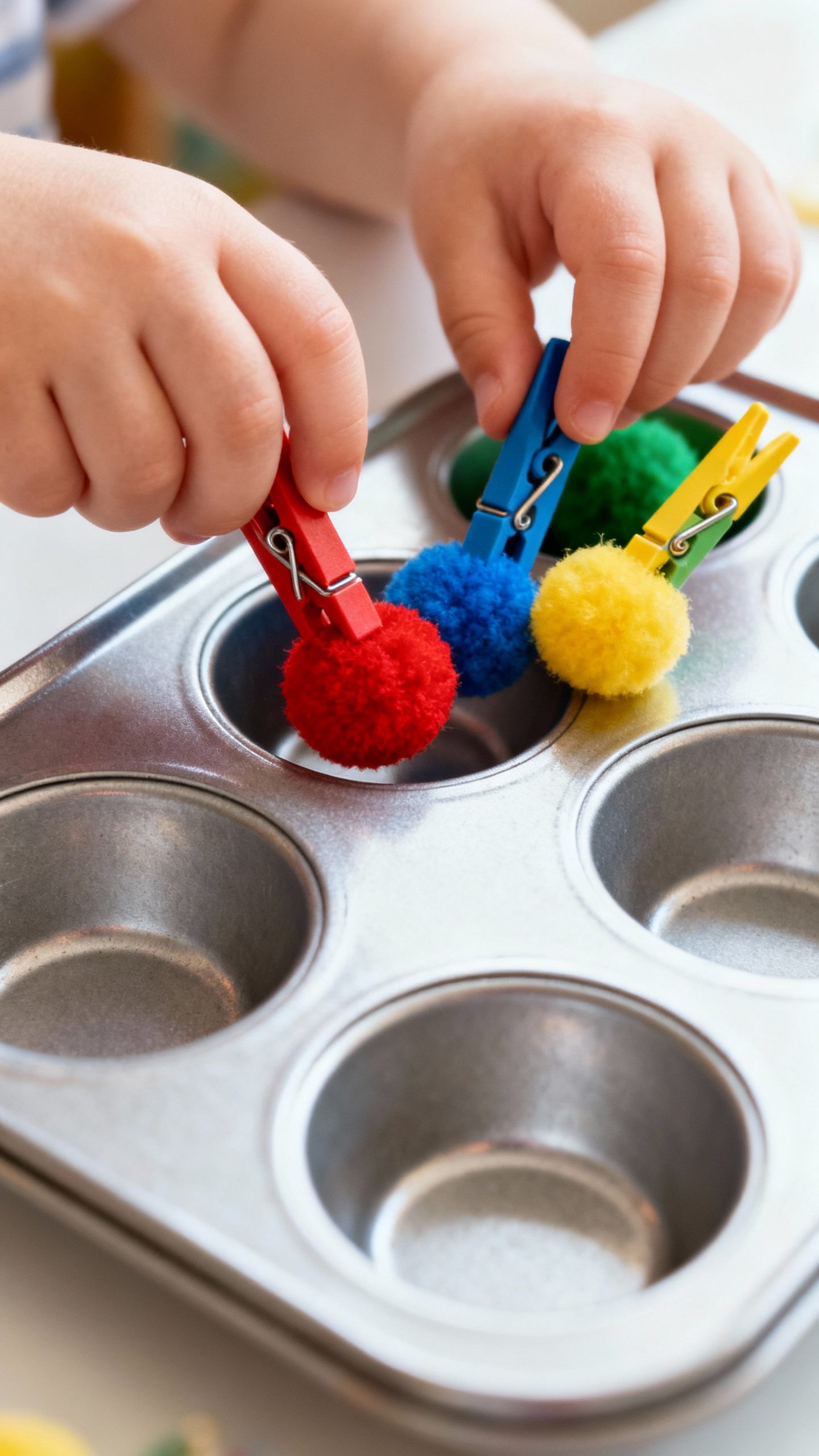 Closeup child hands using clothespins on muffin tin, colorful pom-poms