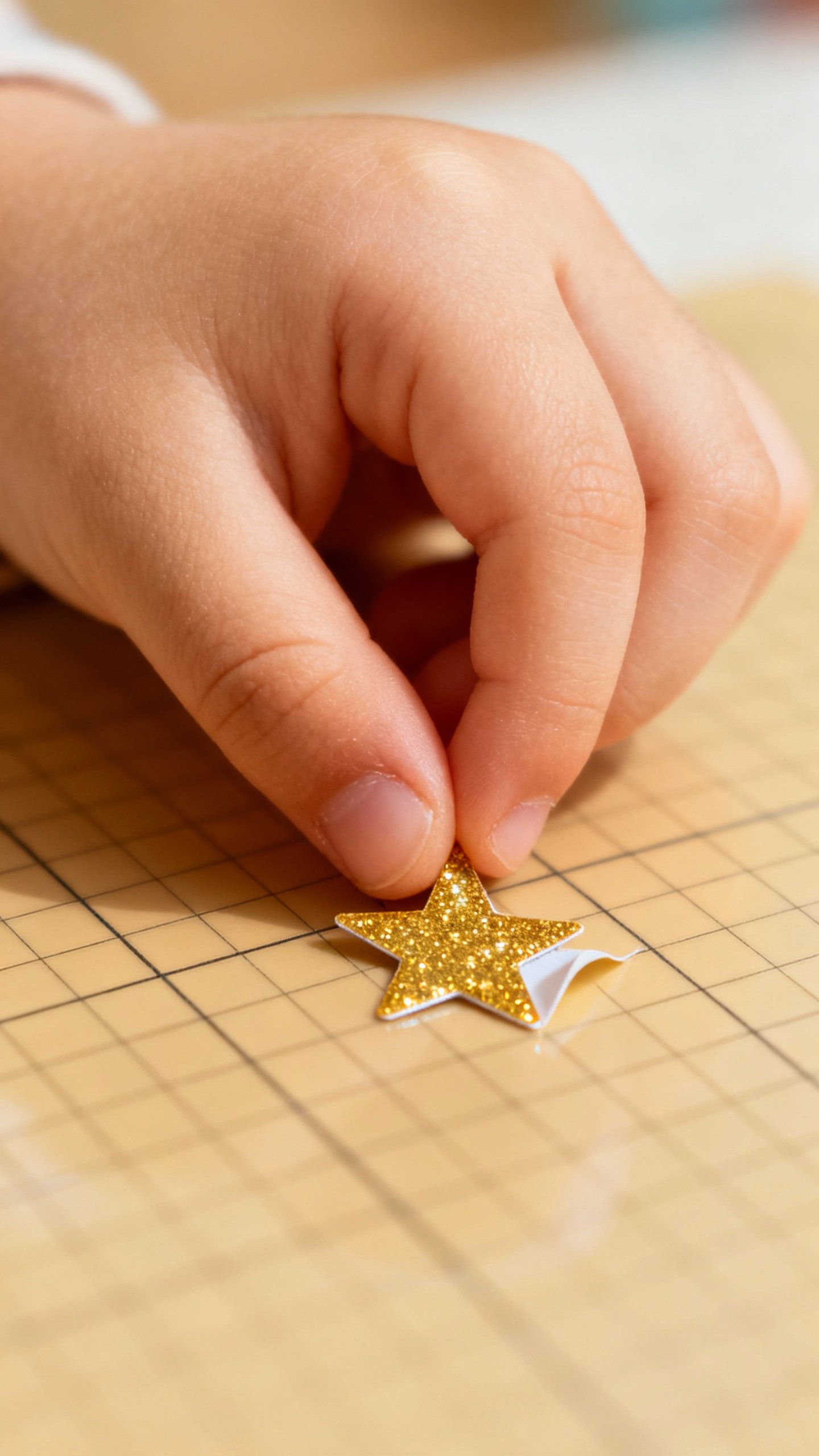 Closeup child’s hand placing star sticker on laminated grid