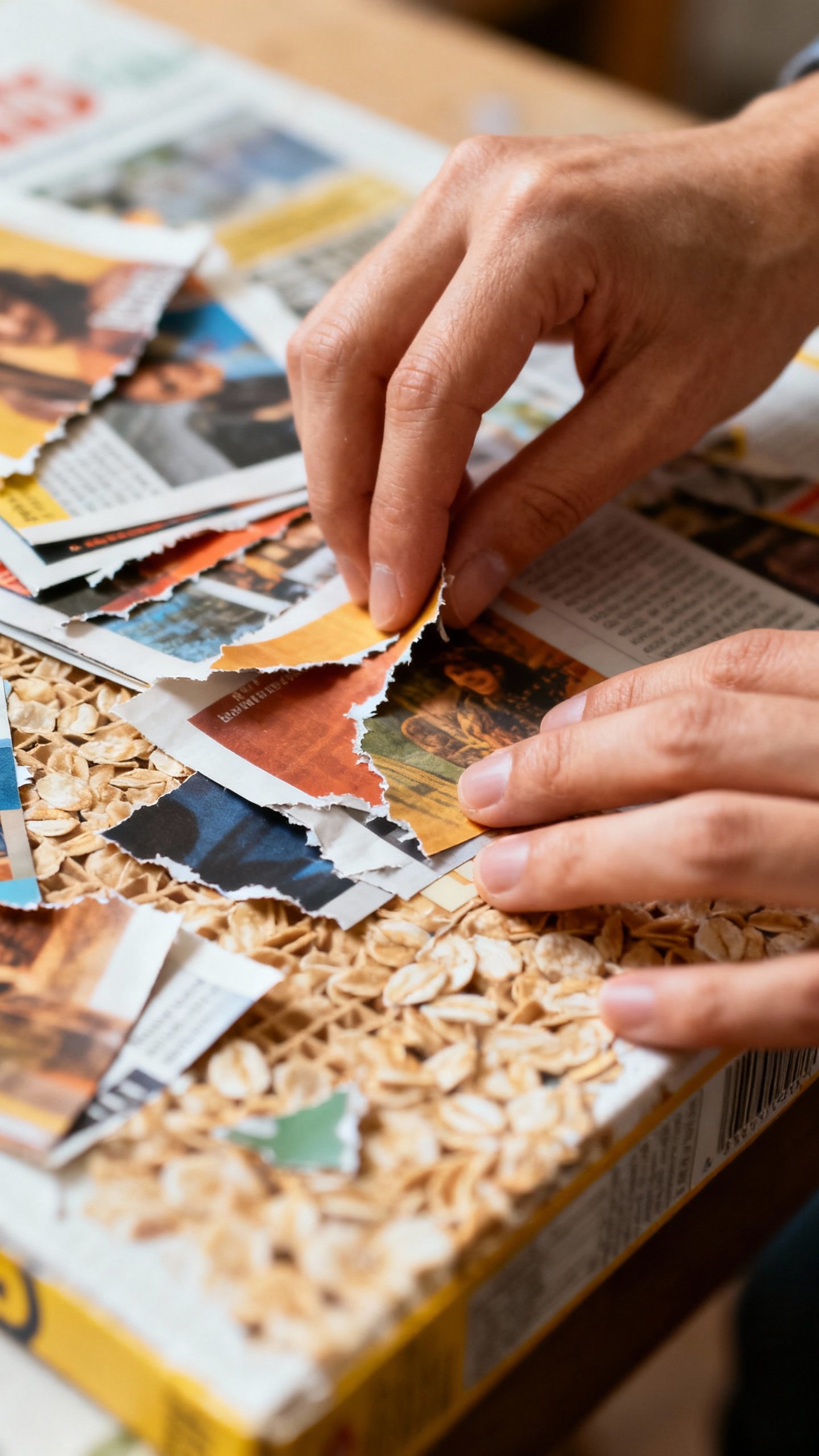 Closeup hands layering magazine scraps on cereal-box canvas