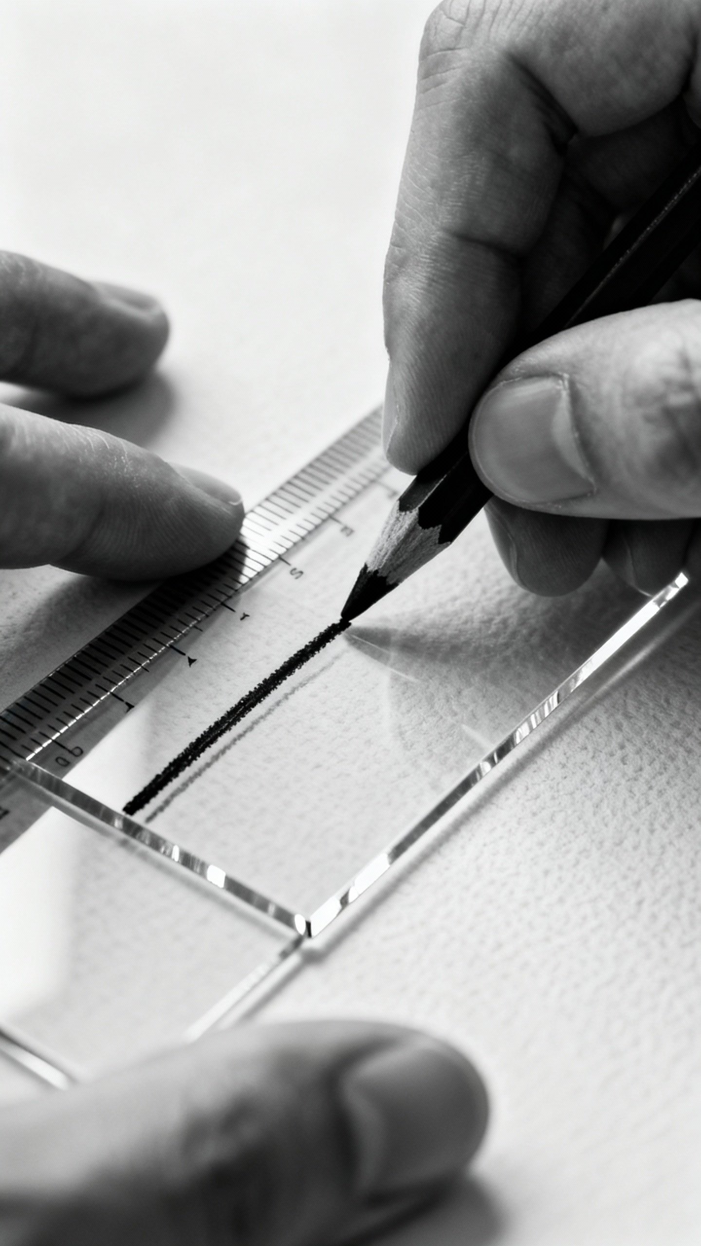 Closeup hands tracing black faux lead on acetate, metal ruler