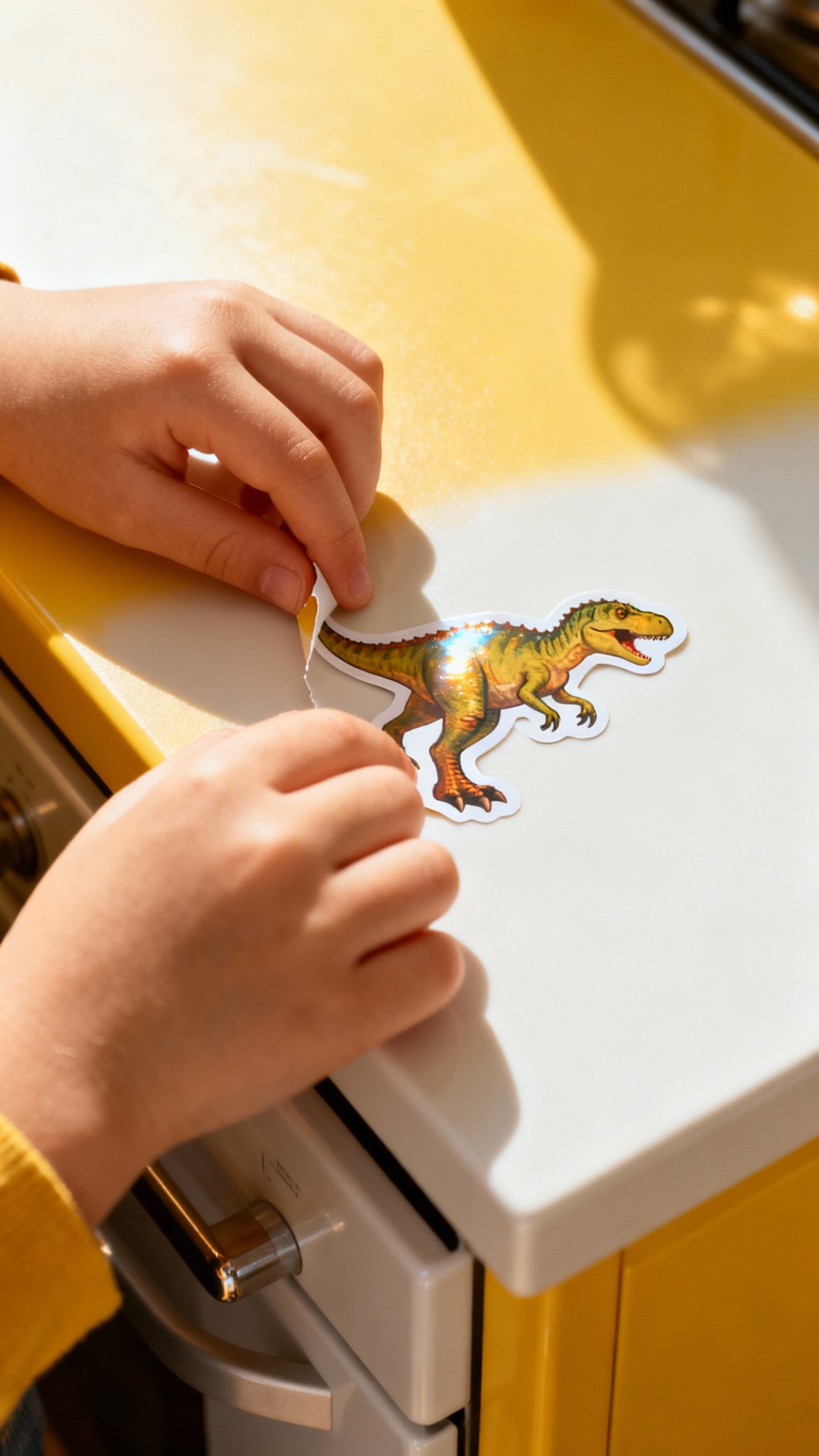Closeup kid hands peeling glossy dinosaur sticker, bright kitchen table