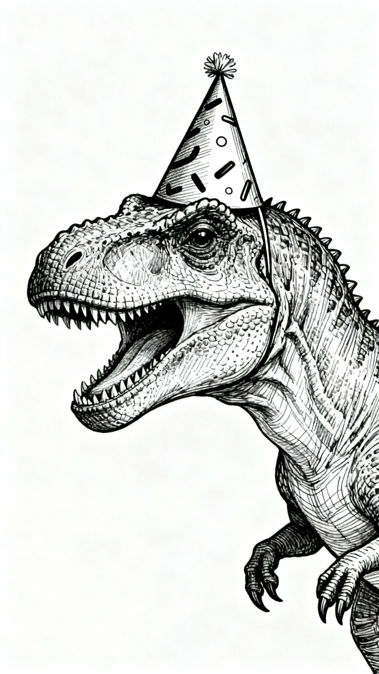 Closeup of black fineliner drawing dinosaur in party hat