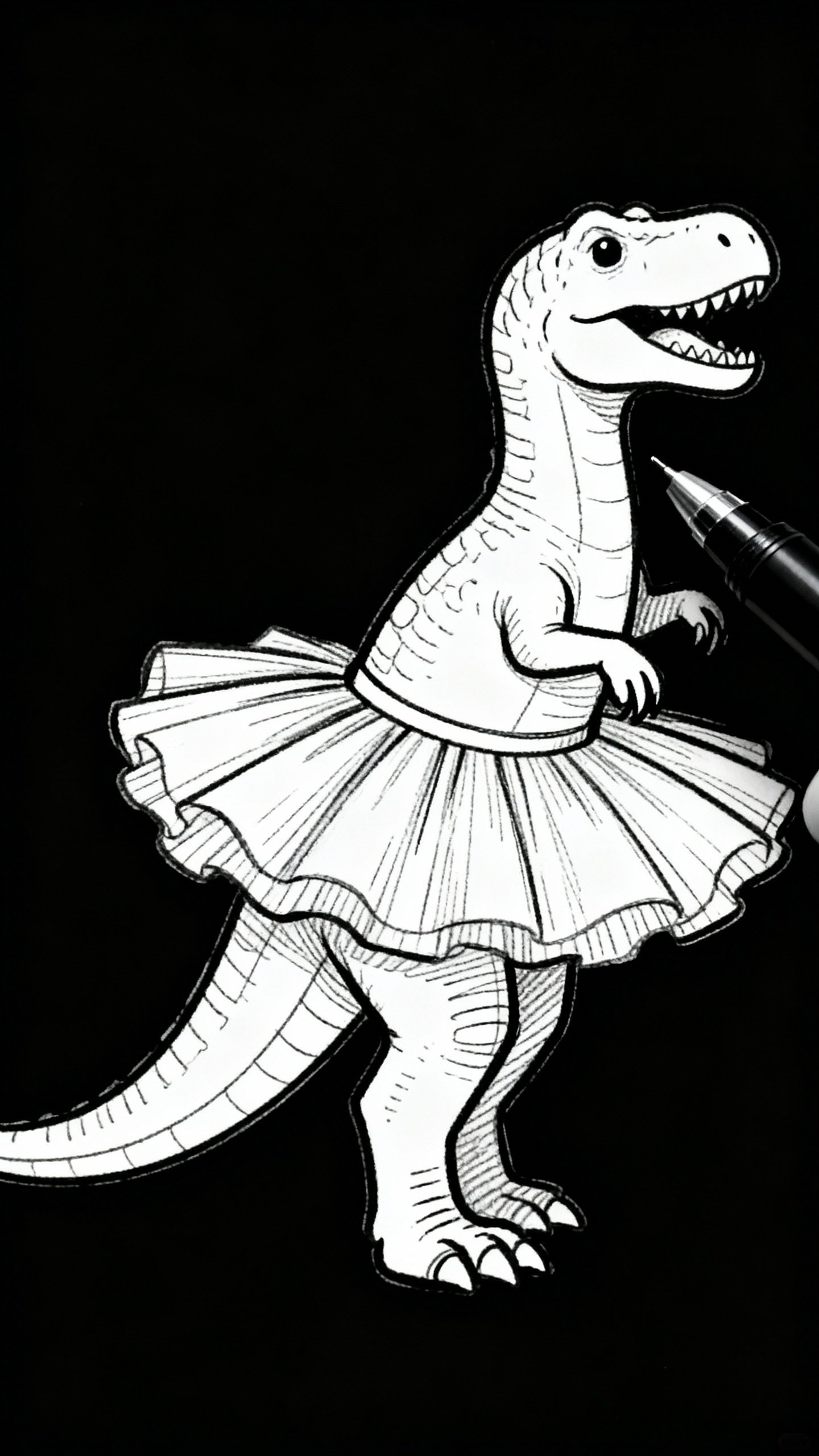 Closeup of black pen outlining dinosaur with tutu