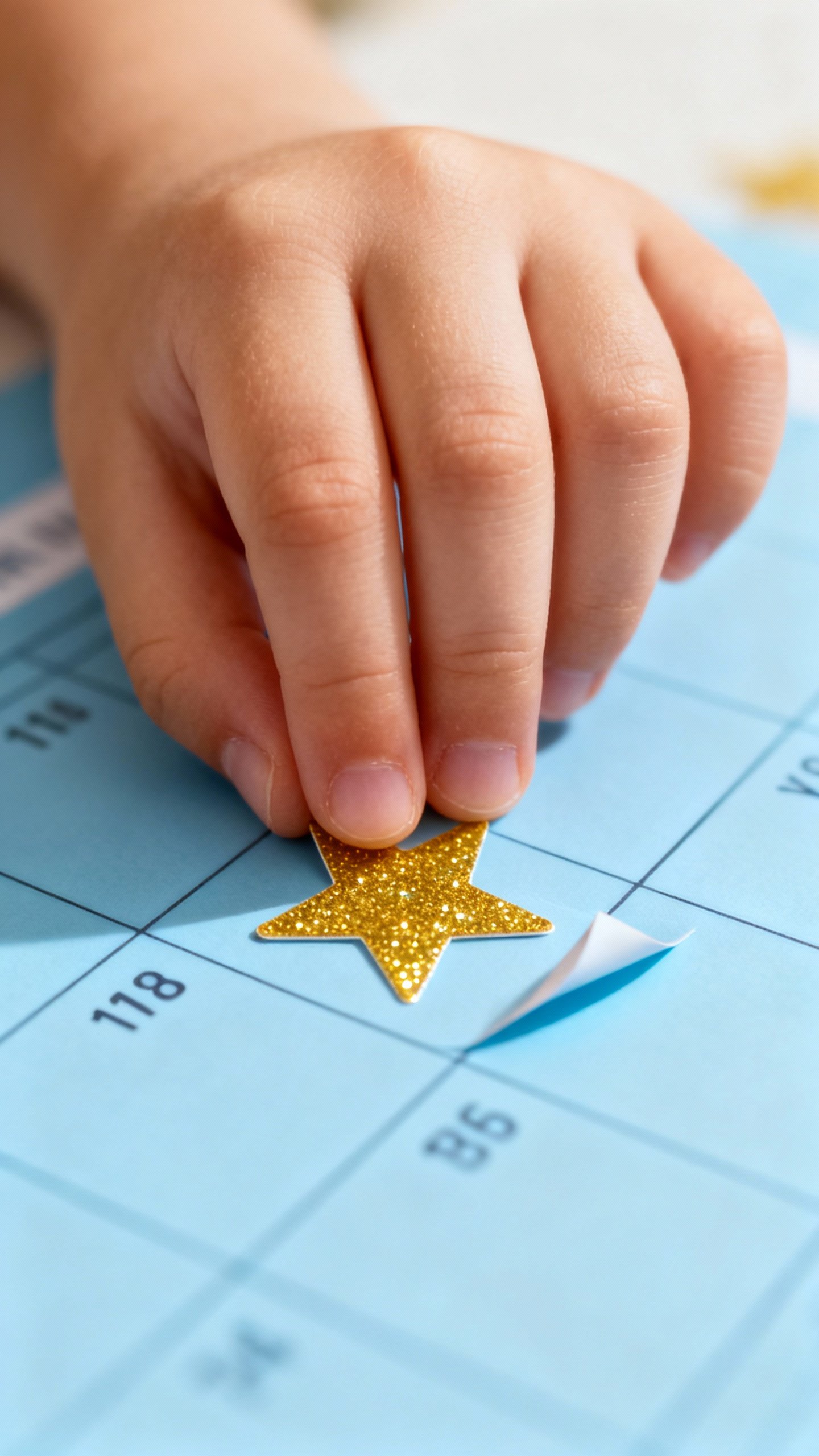 Closeup of child’s hand placing star sticker on weekly chart