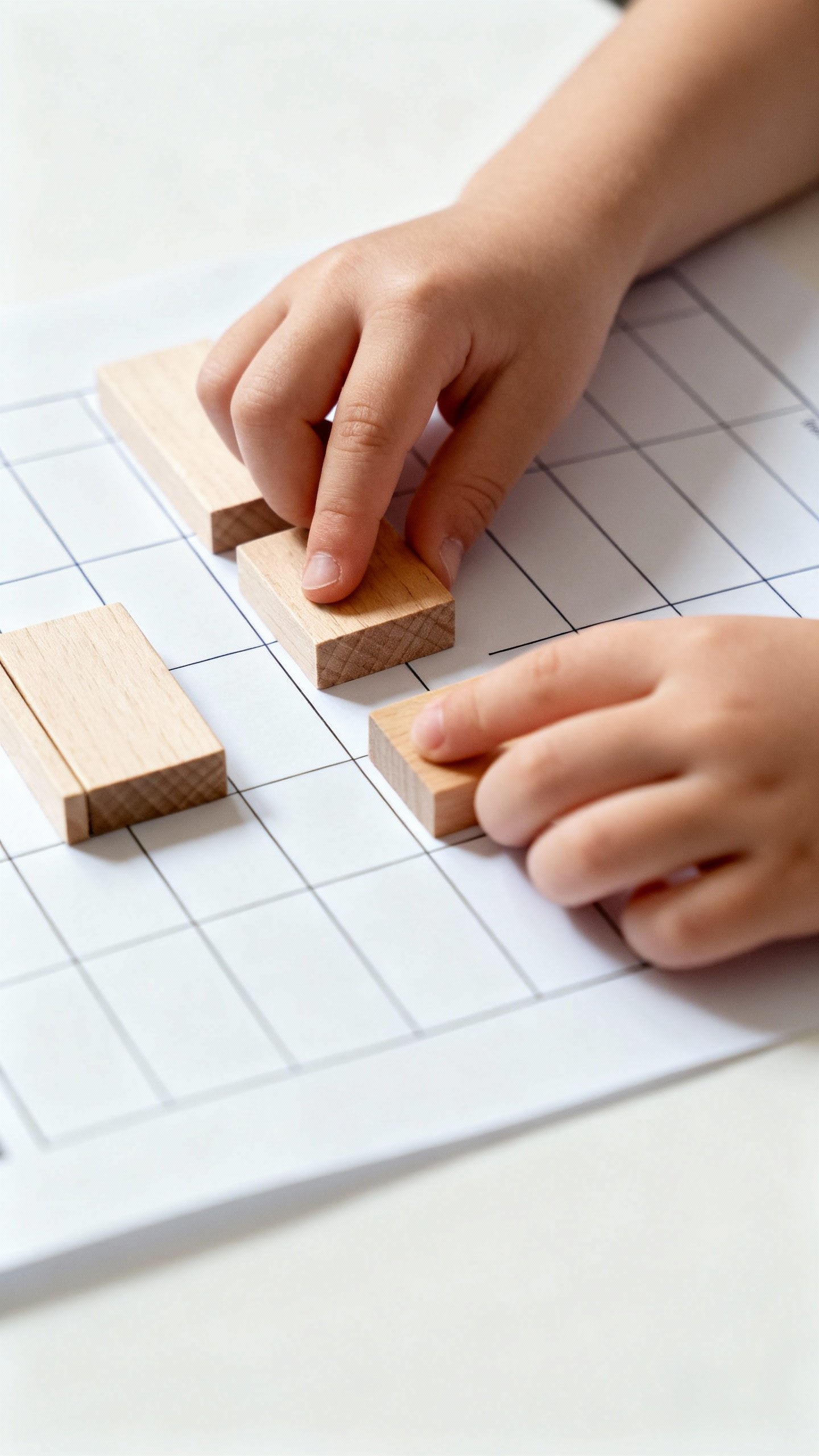Closeup of child’s hands arranging Elkonin sound boxes on white worksheet