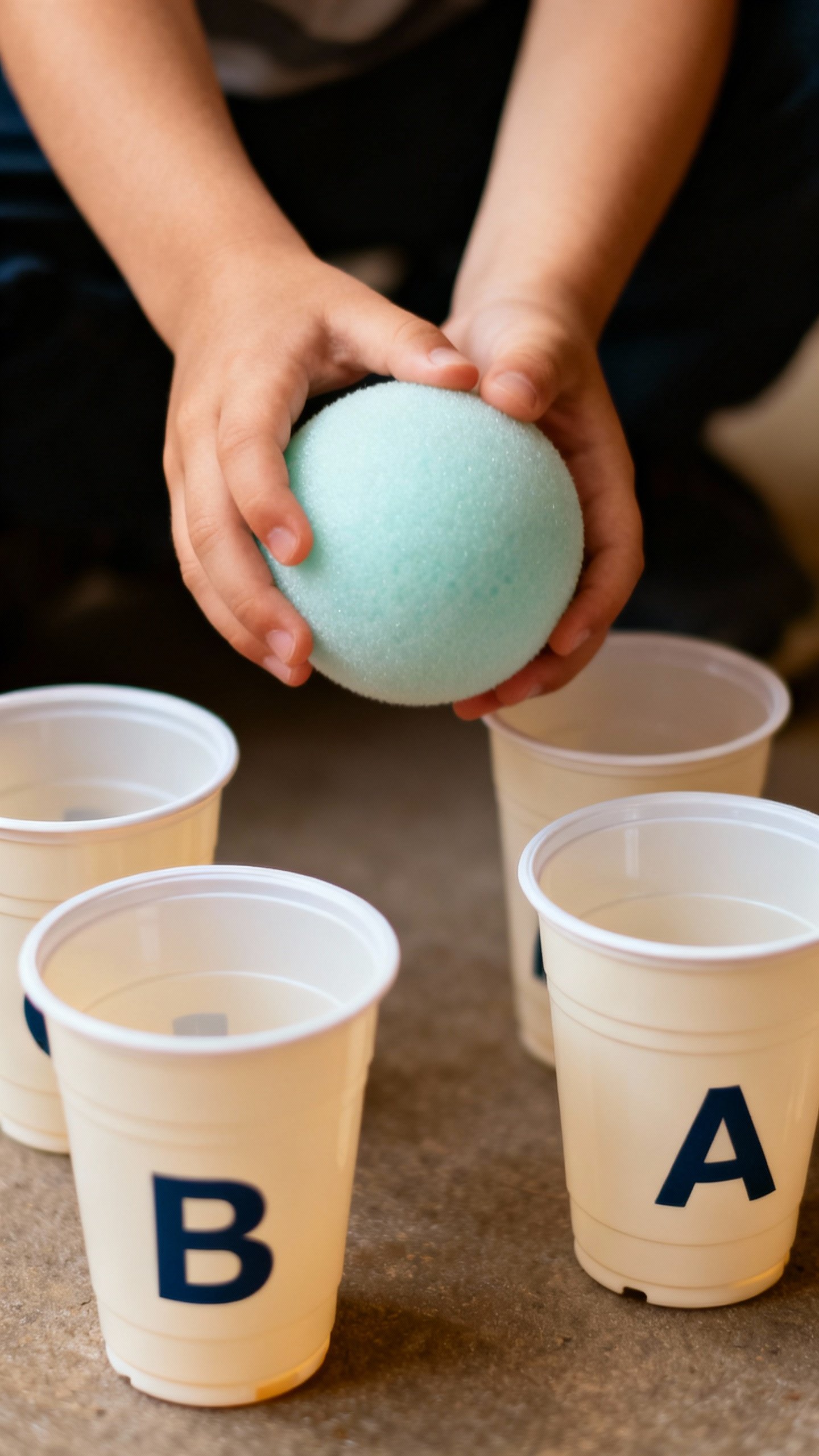 Closeup of child’s hands bowling lettered plastic cups, soft foam ball