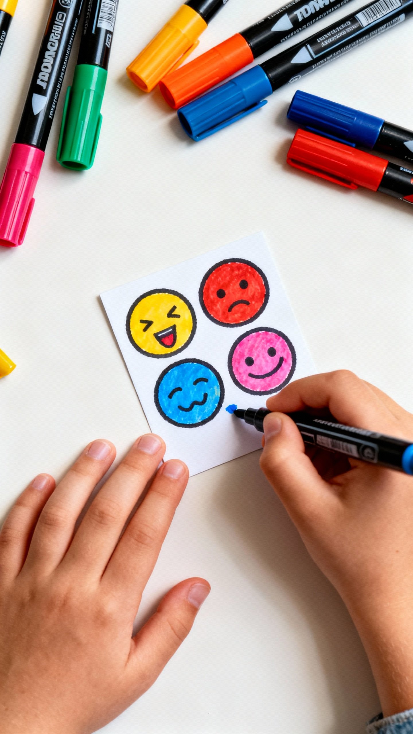 Closeup of child’s hands coloring emotion faces on 4x6 cardstock, bold markers scattered, high-con