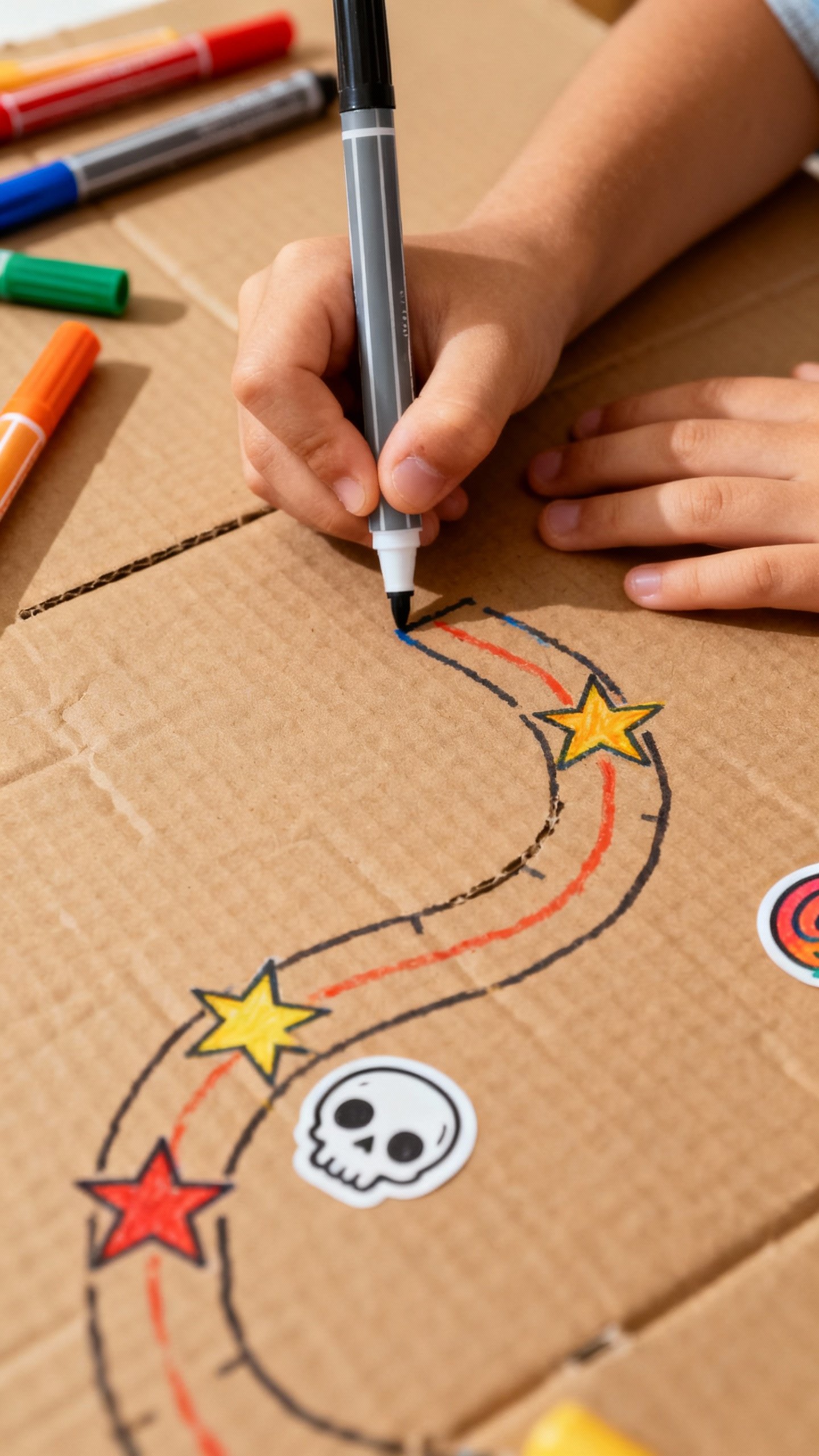 Closeup of child’s hands drawing winding path board, thick cardboard, colorful markers, star and s