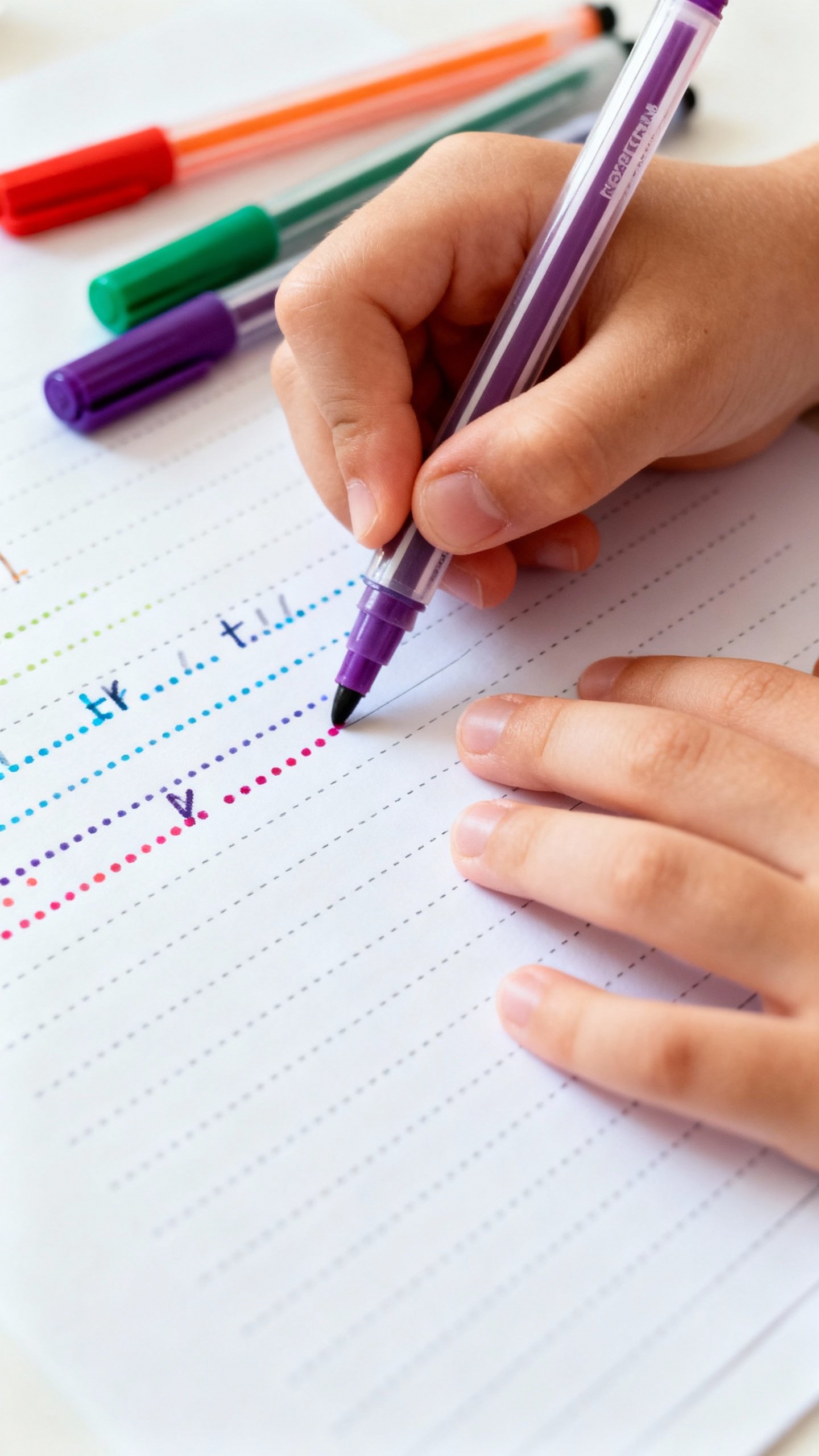 Closeup of child’s hands tracing dotted word lines, colorful markers