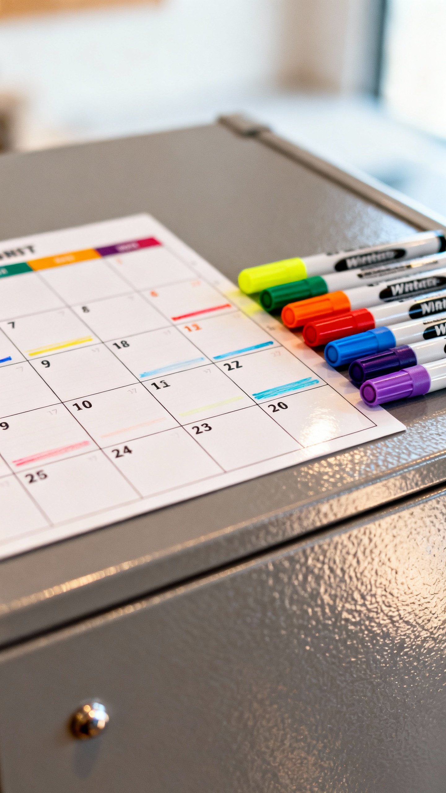 Closeup of color-coded dry-erase calendar, wet-erase markers, magnetic board