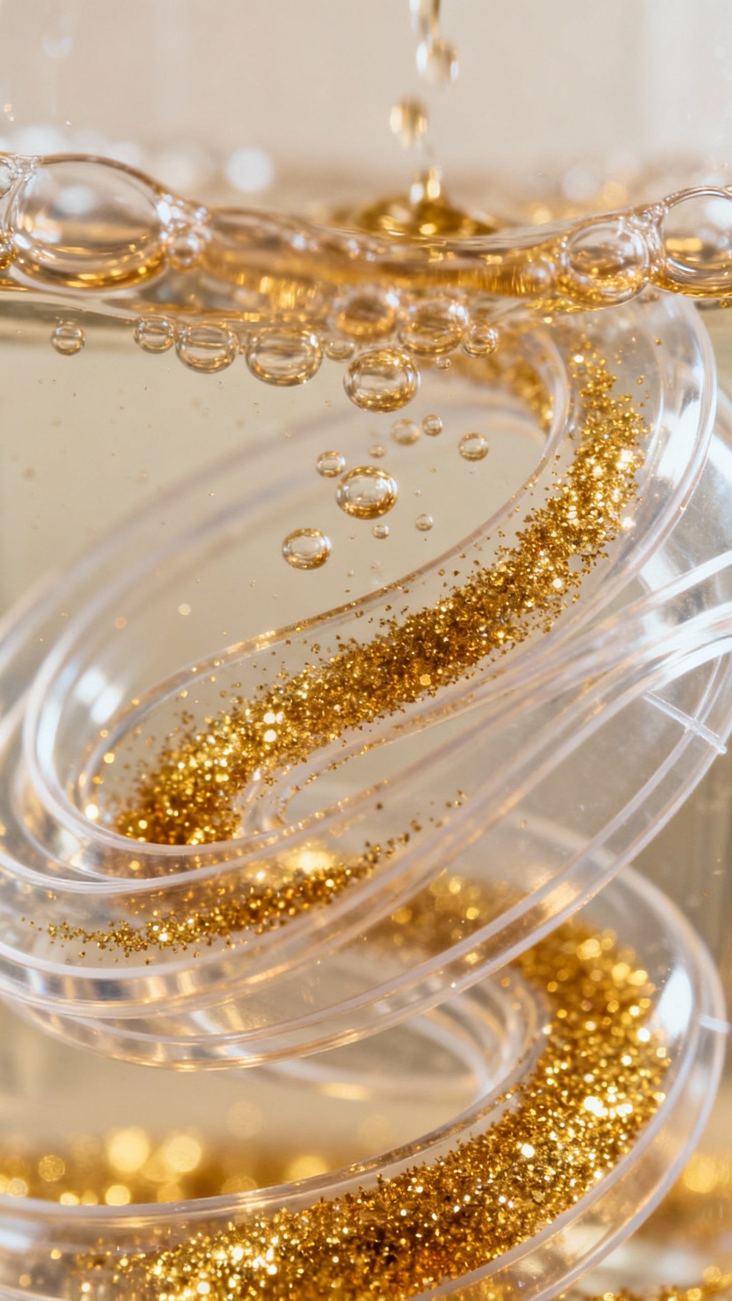 Closeup of glitter calm bottle, swirling gold glitter in clear plastic, warm water bubbles, soft neu
