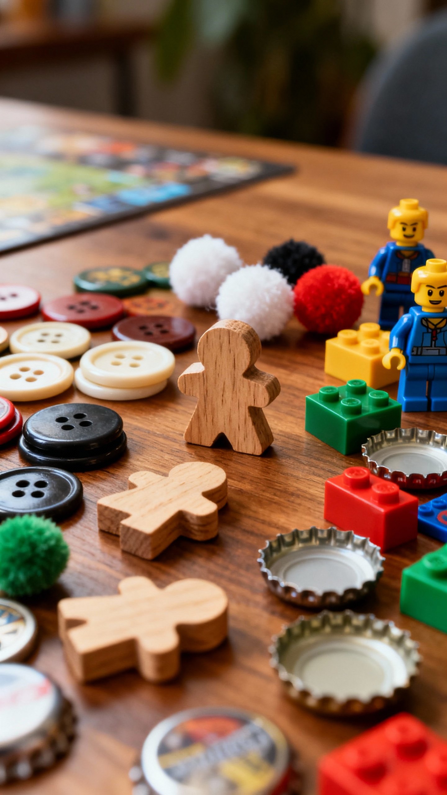 Closeup of mixed tokens and pieces on table, wooden meeples, buttons, pom-poms, LEGO mini, bottle ca
