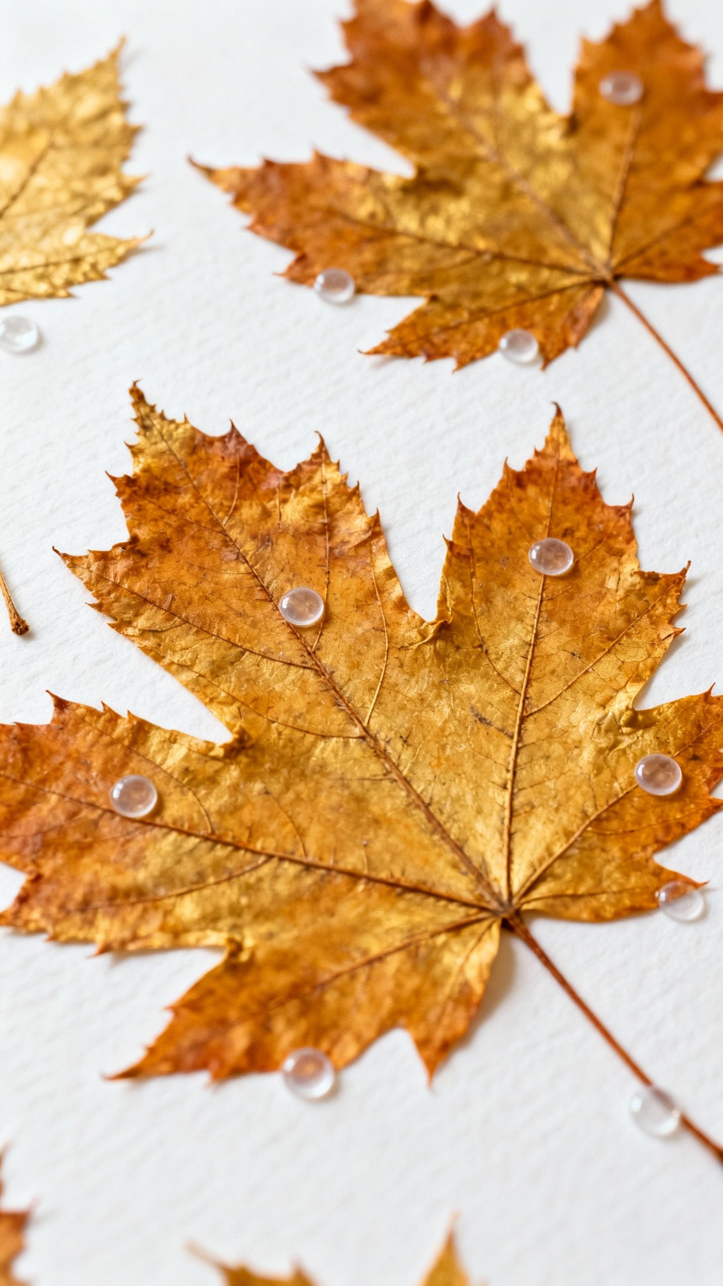 Closeup of pressed maple leaves on white cardstock, acid-free glue dots