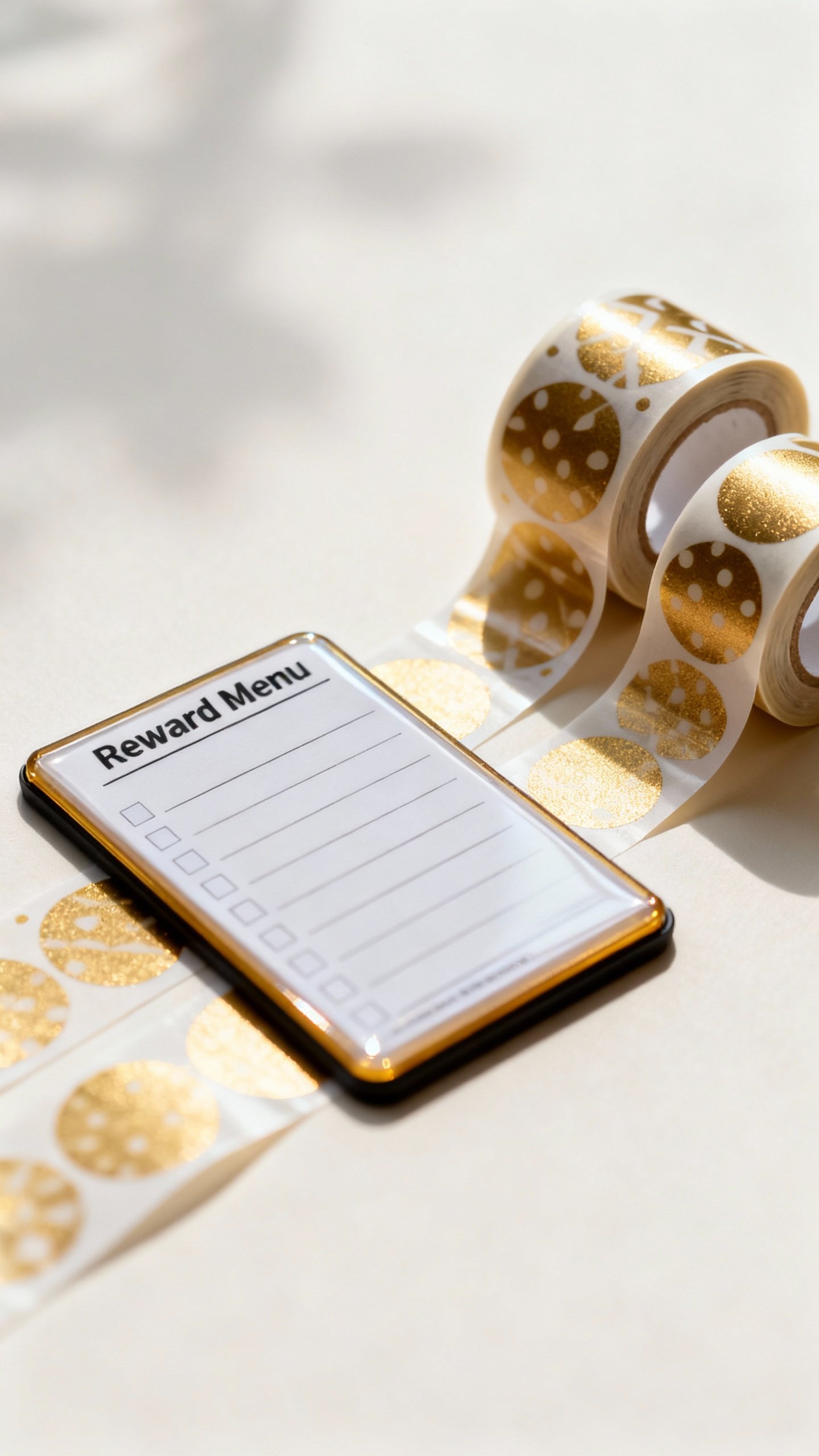 Closeup of reward menu fridge magnet next to sticker rolls