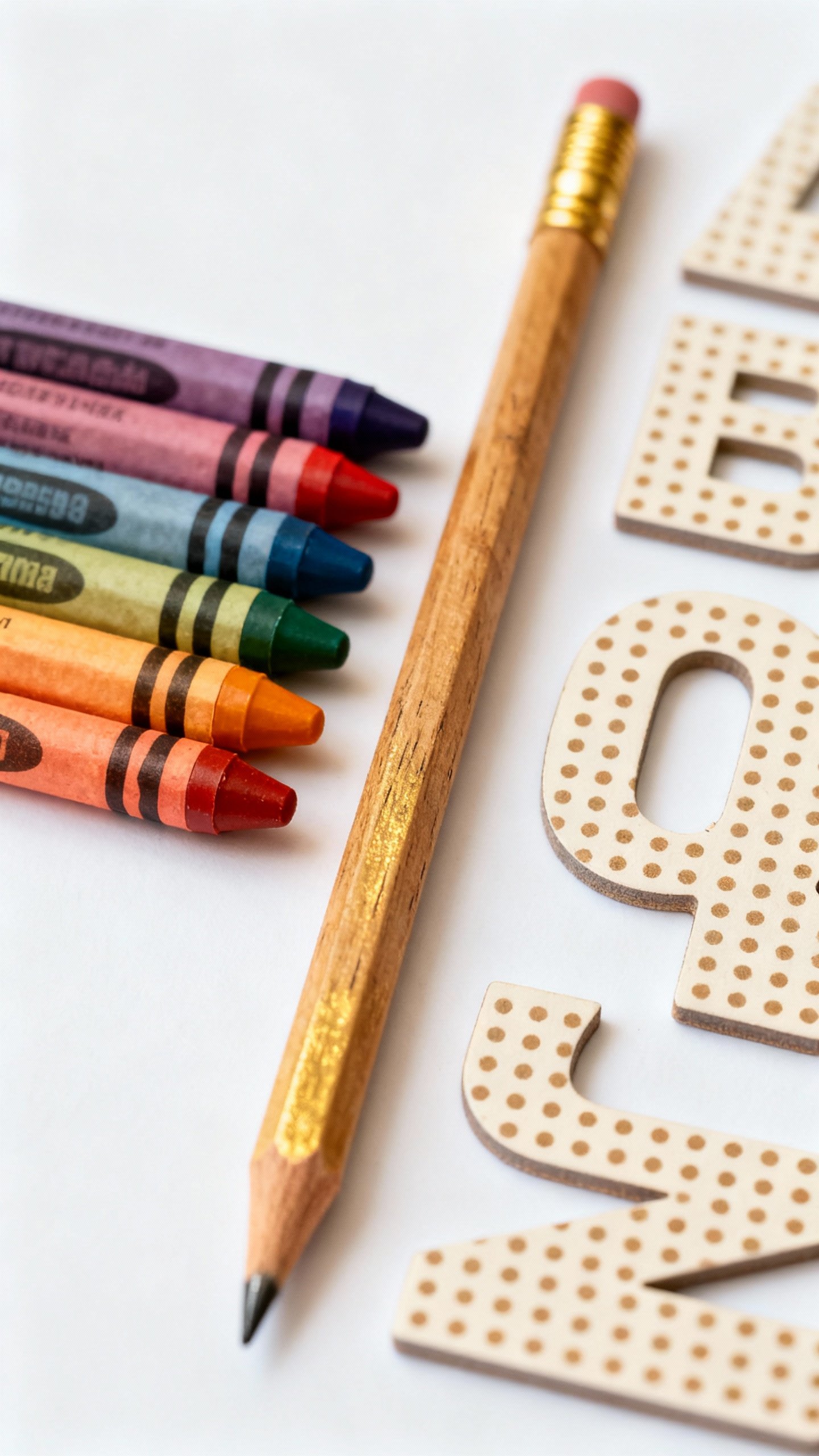 Closeup of short crayons and golf pencil beside dotted alphabet letters