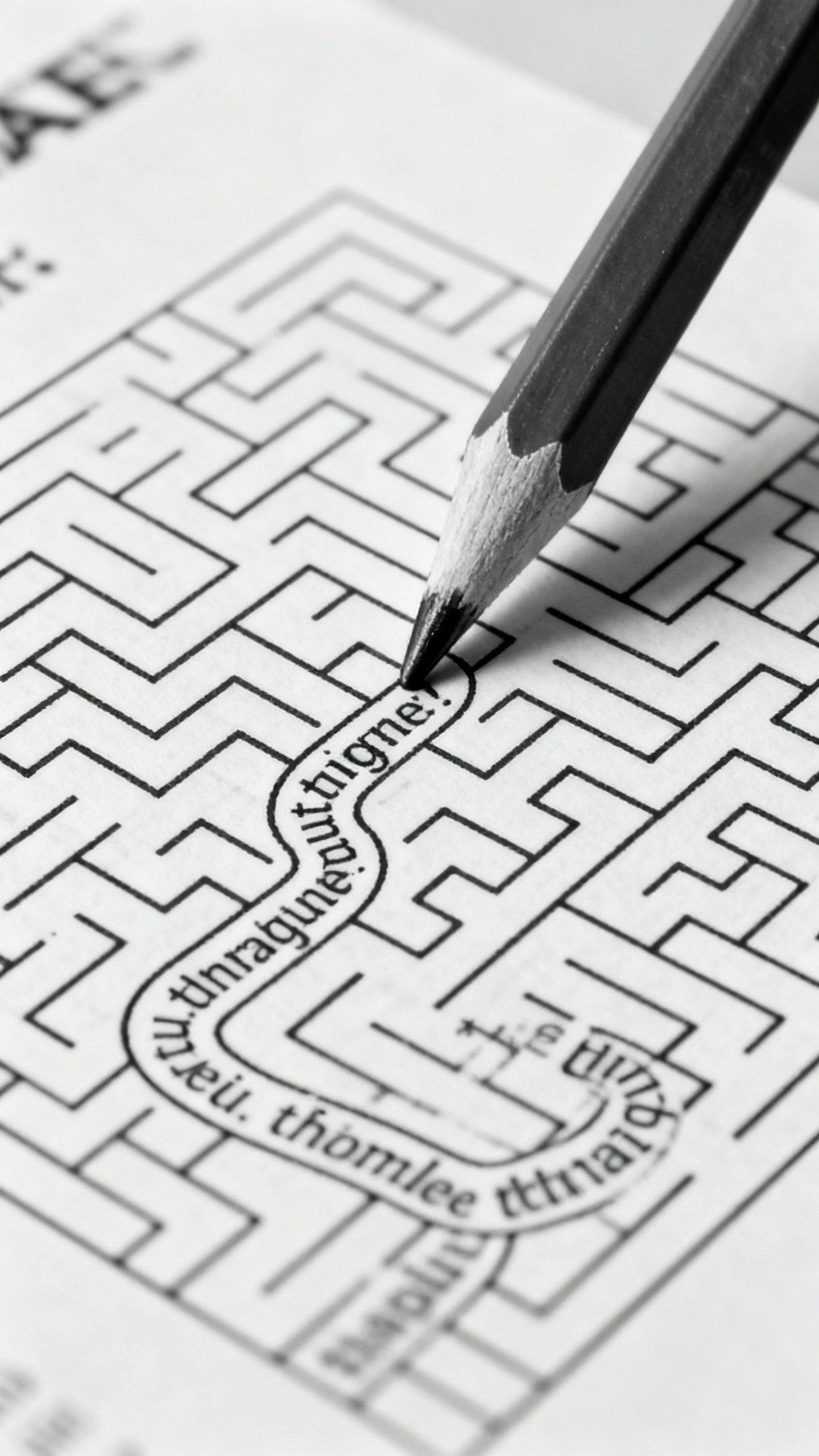 Closeup of small maze worksheet path of identical words, pencil tip poised