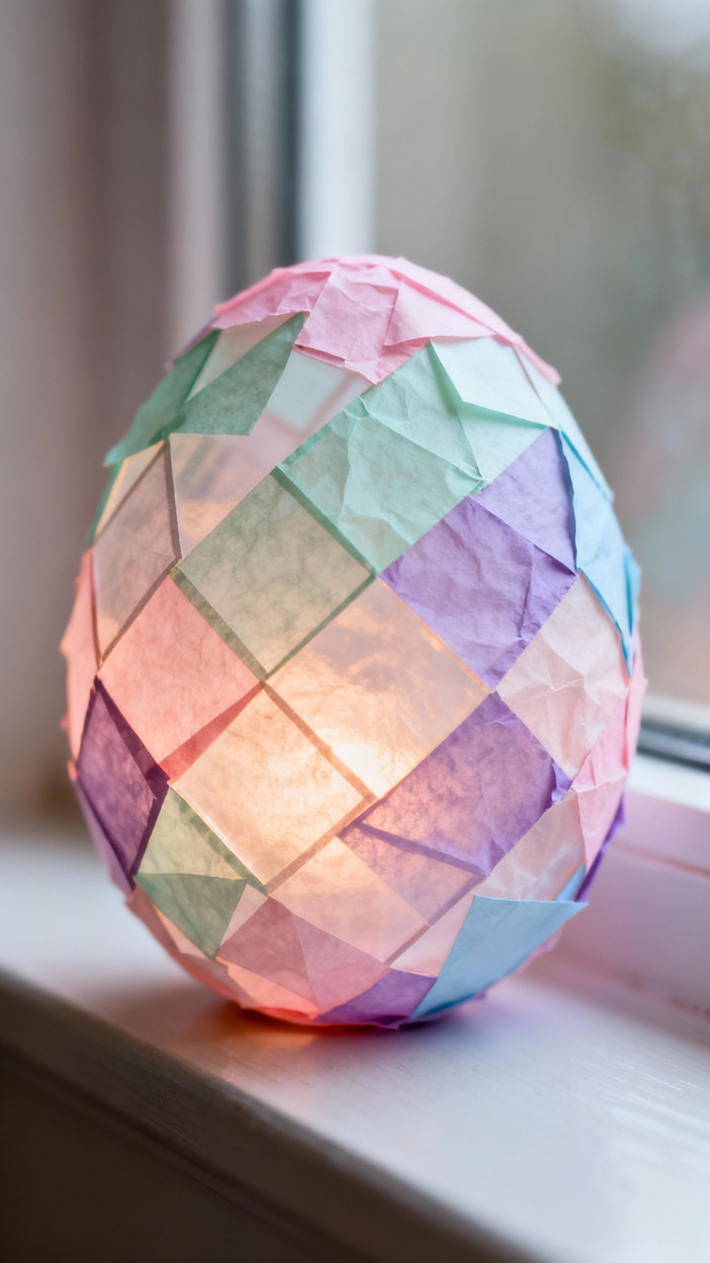 Closeup of tissue paper stained glass egg on window, pastel squares glowing