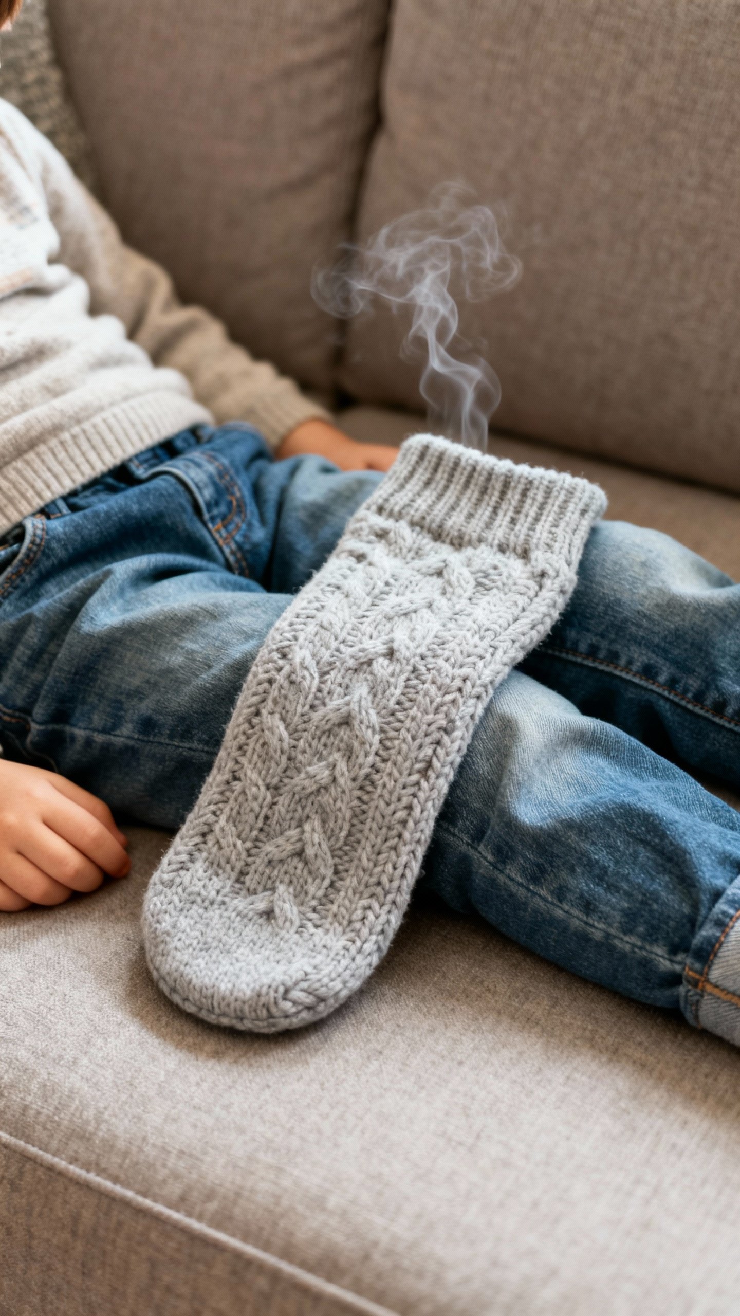 Closeup of weighted rice sock lap pad on child’s jeans-covered lap, knit fabric texture, subtle st