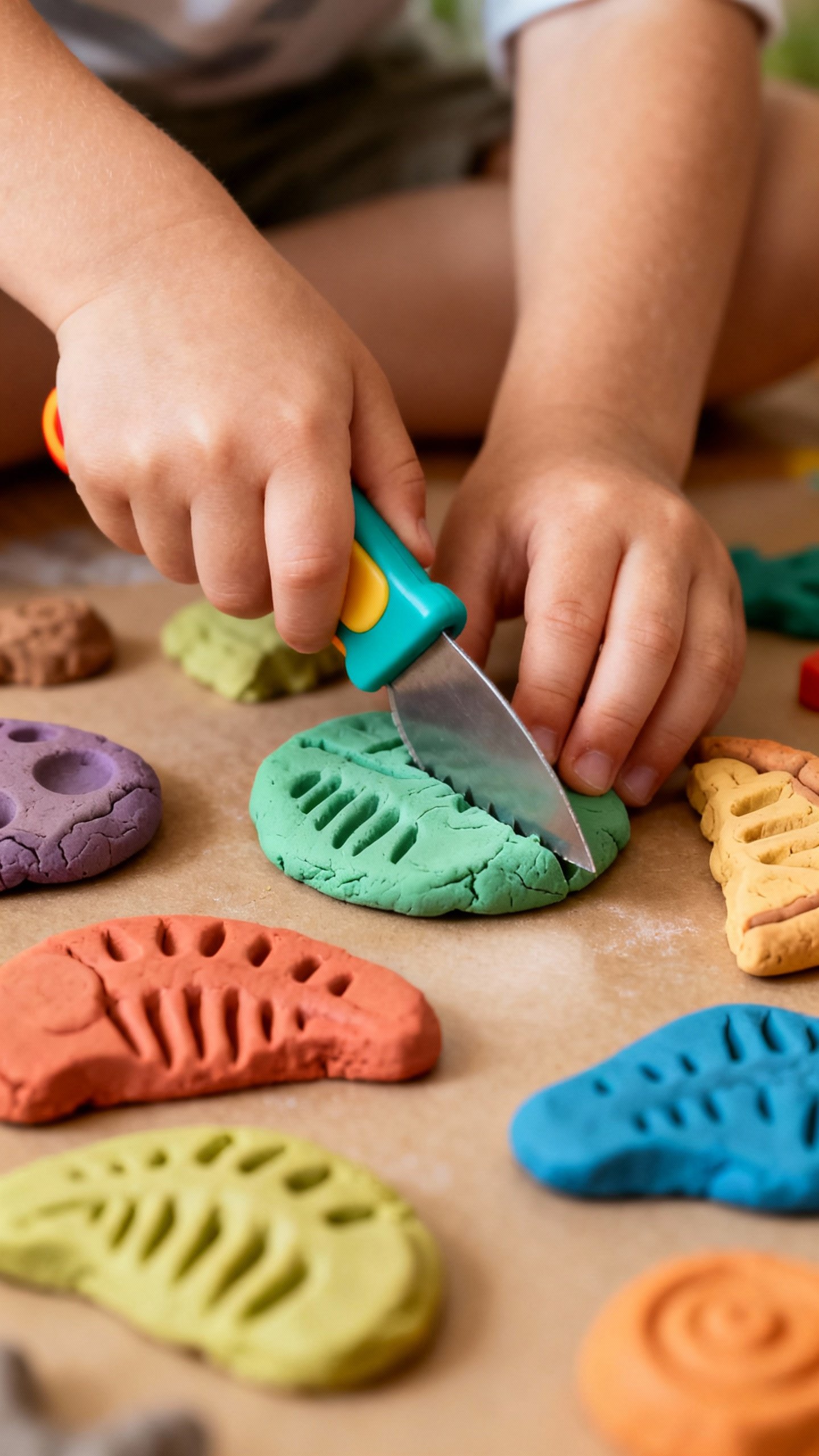 Closeup small hands cutting playdough “fossils” with child-safe pizza cutter