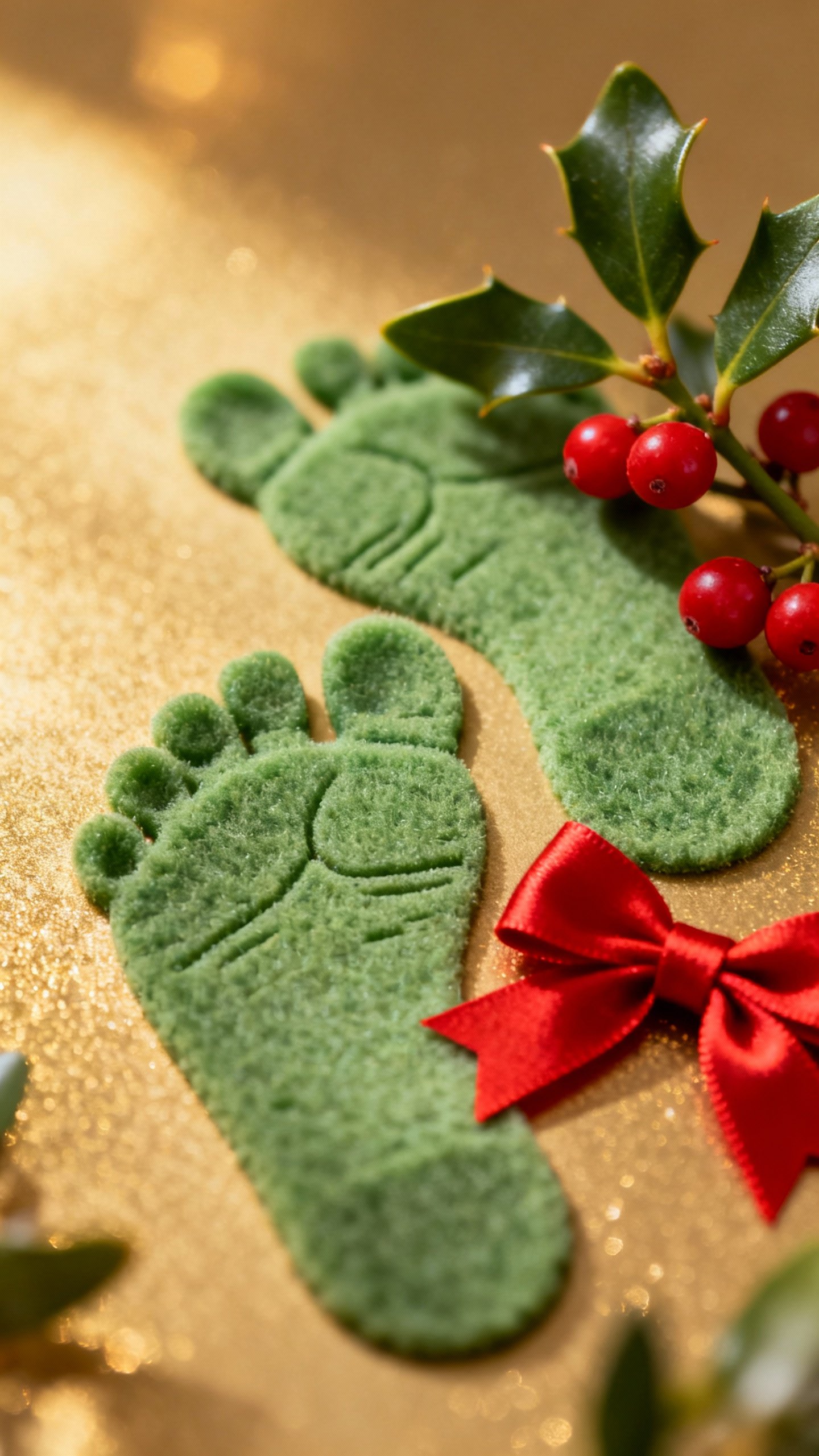 Closeup toddler green footprints as mistletoe, red berries, bow