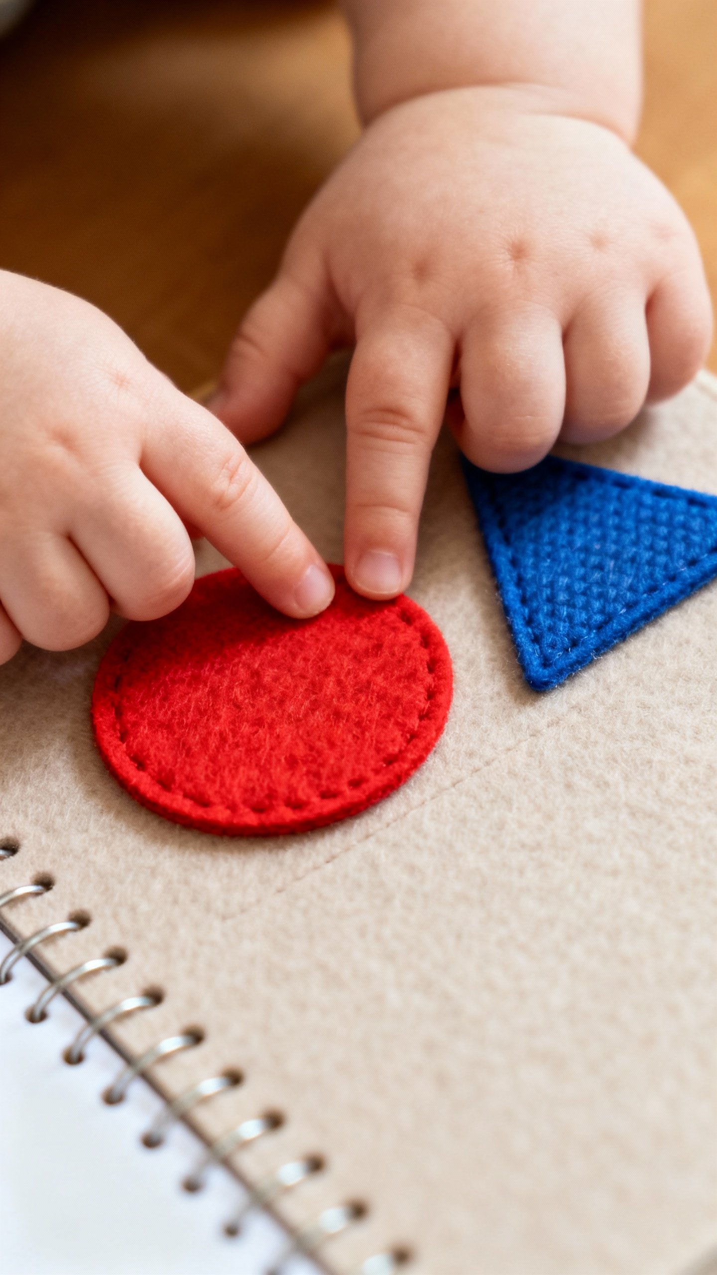 Closeup toddler hands matching felt circle and triangle on Velcro page