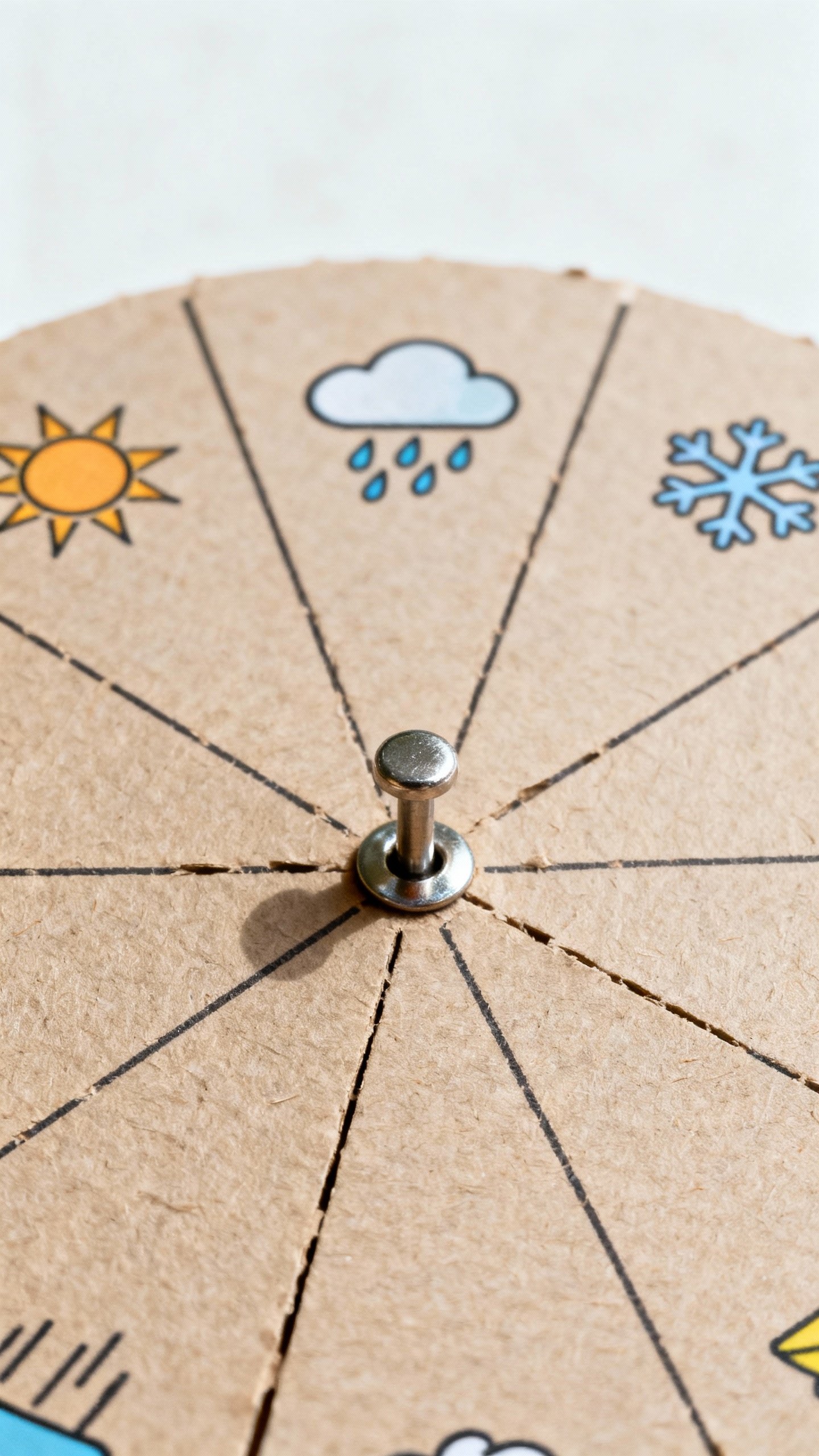Closeup weather wheel on cardstock, brad fastener, small icons