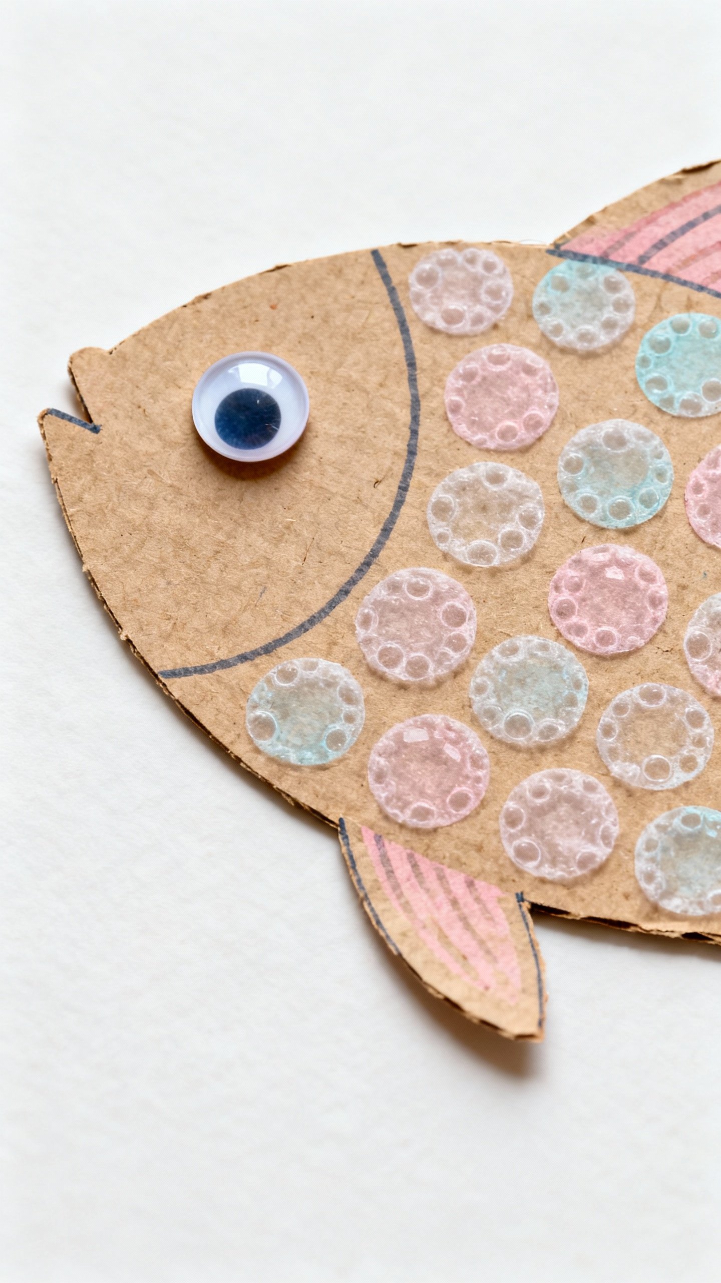 Fish outline on cardstock filled with bubble-wrap dot prints, googly eye added