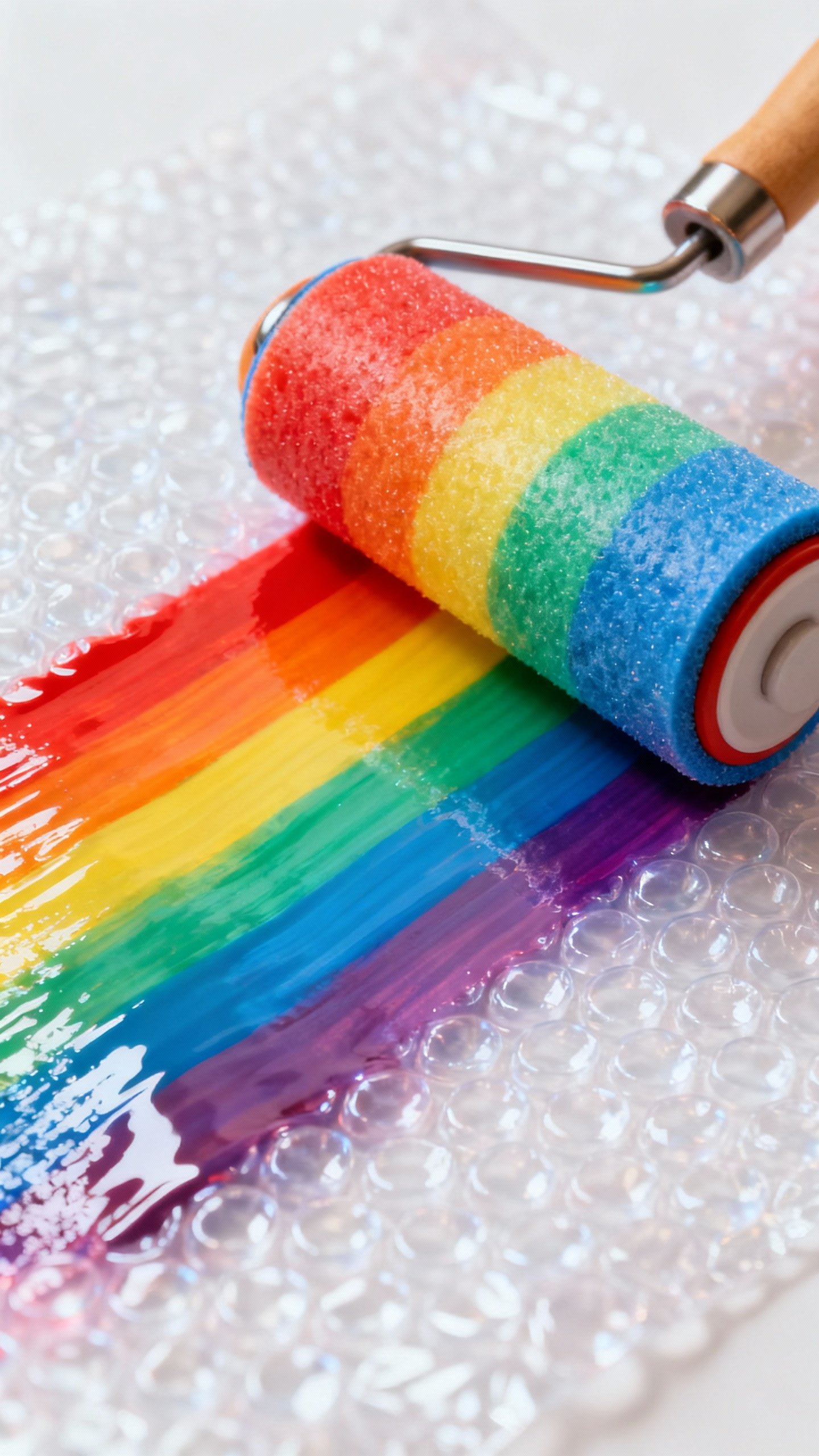 Foam roller spreading rainbow stripes on bubble wrap, bubble-side up, glossy texture