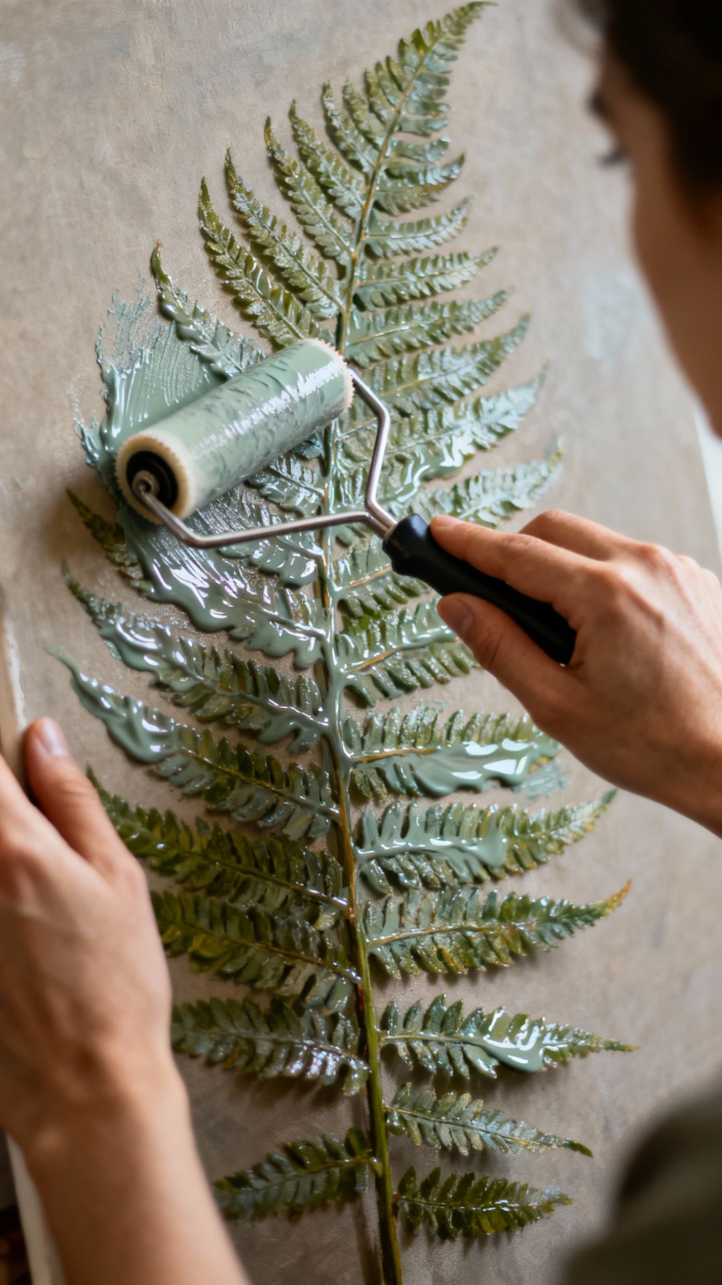 Hands using brayer to ink veiny fern backside, acrylic paint