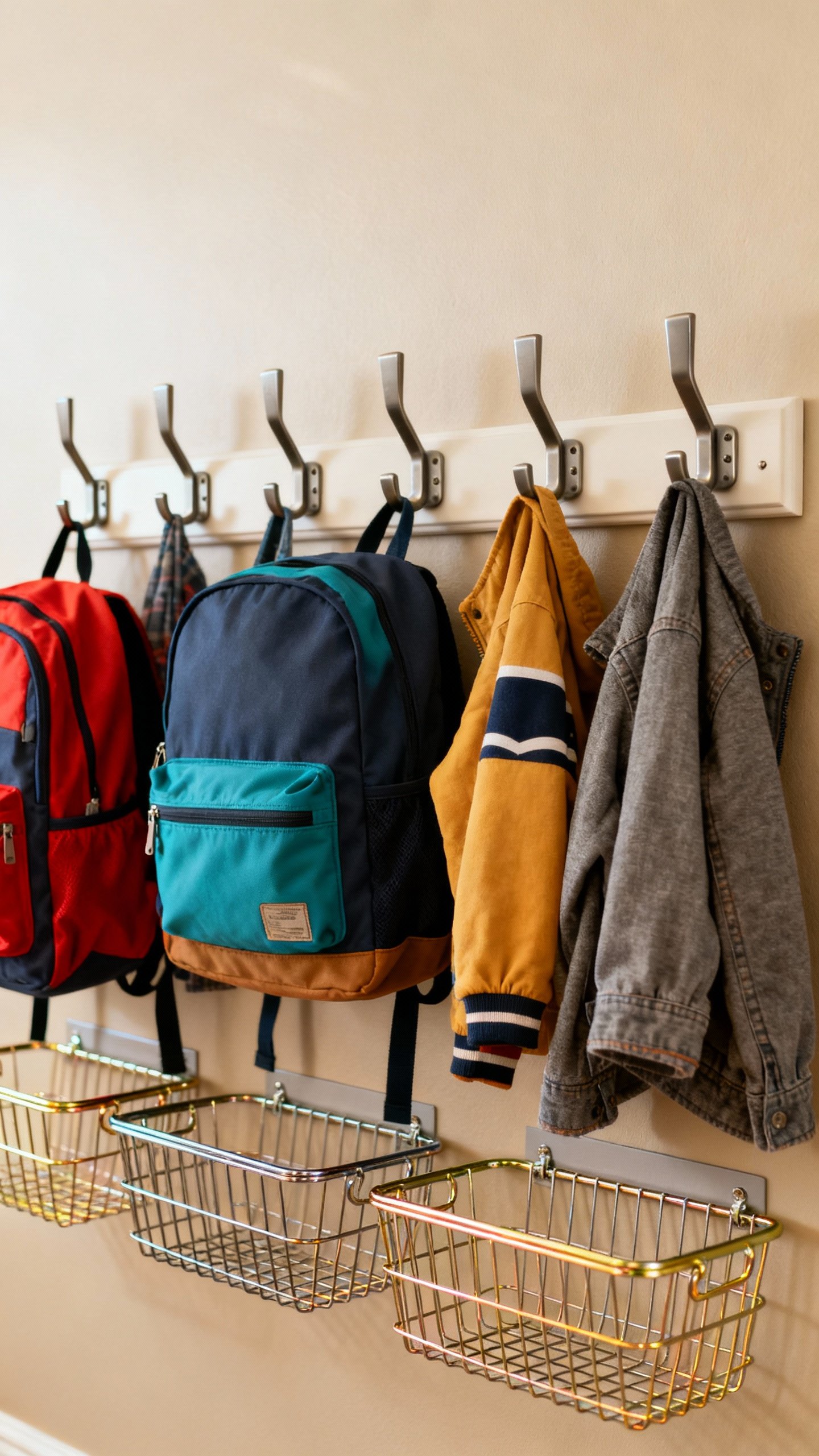 Kid-height hooks with backpacks and jackets, wire baskets below, entryway wall