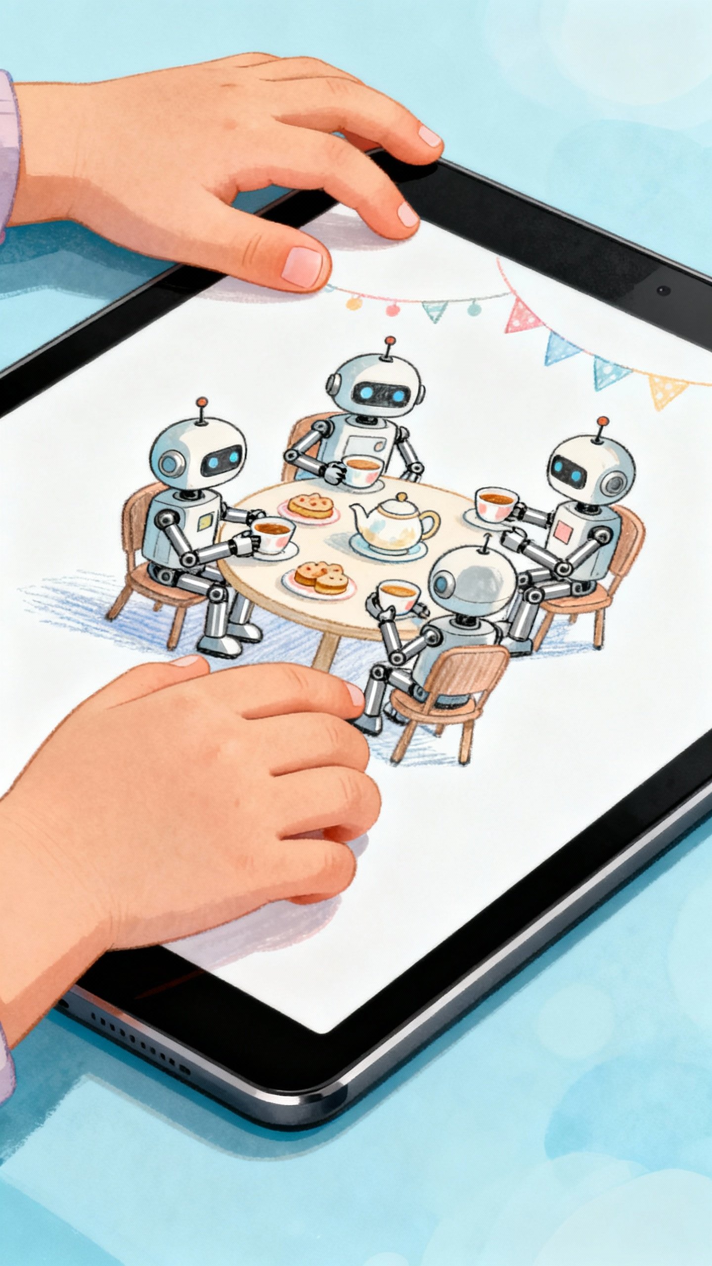 Kid’s hands tracing robot tea party on tablet