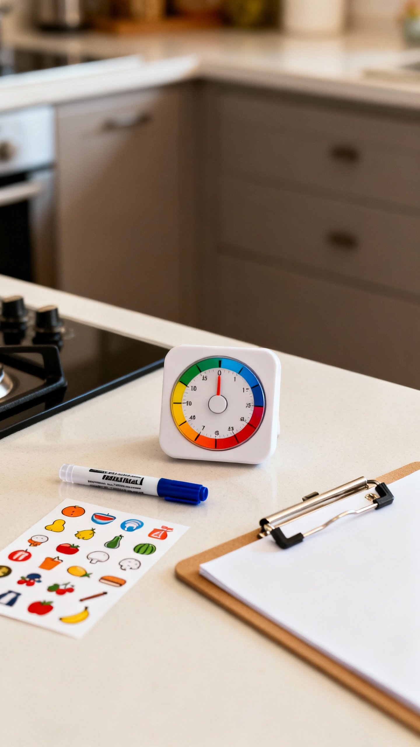 Kitchen counter scene with visual timer, dry-erase marker, printed icons, clipboard