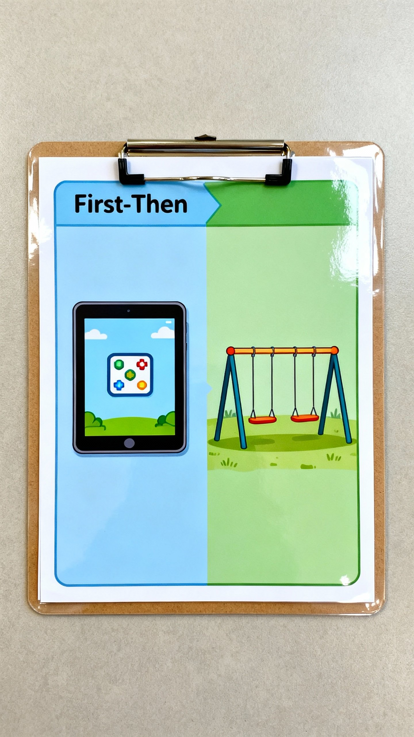 Laminated “First-Then” sequence strip on clipboard, tablet then playground scene