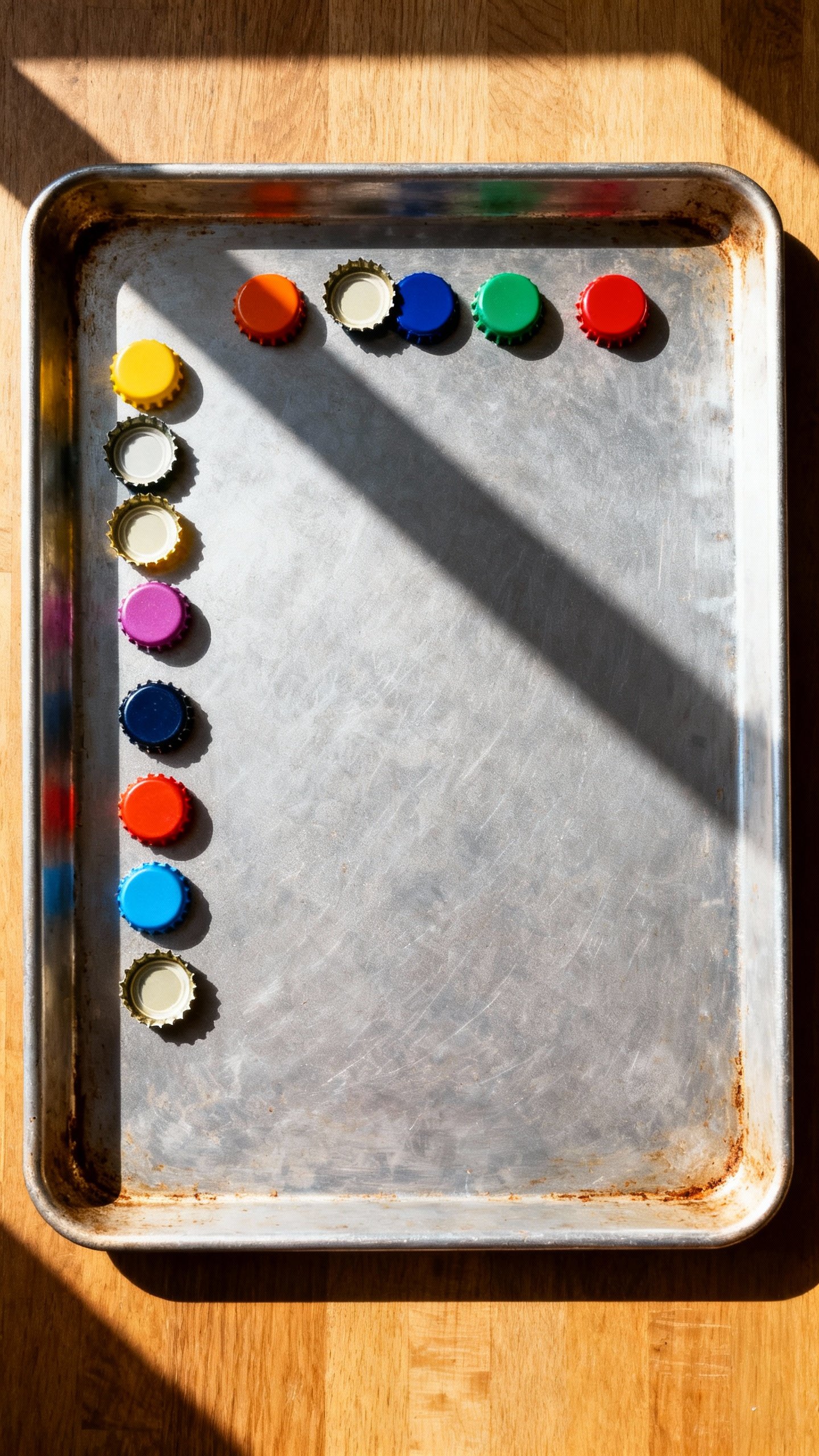 Overhead baking sheet chore board with colorful bottle-cap magnets