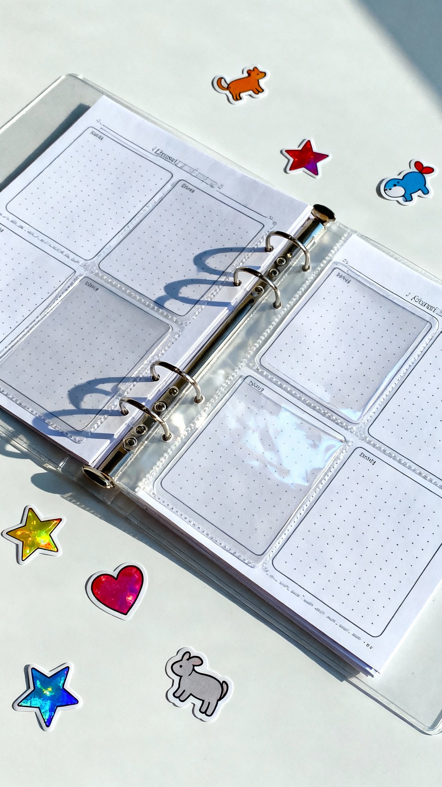 Overhead binder with themed tracing worksheets, sheet protectors, colorful stickers