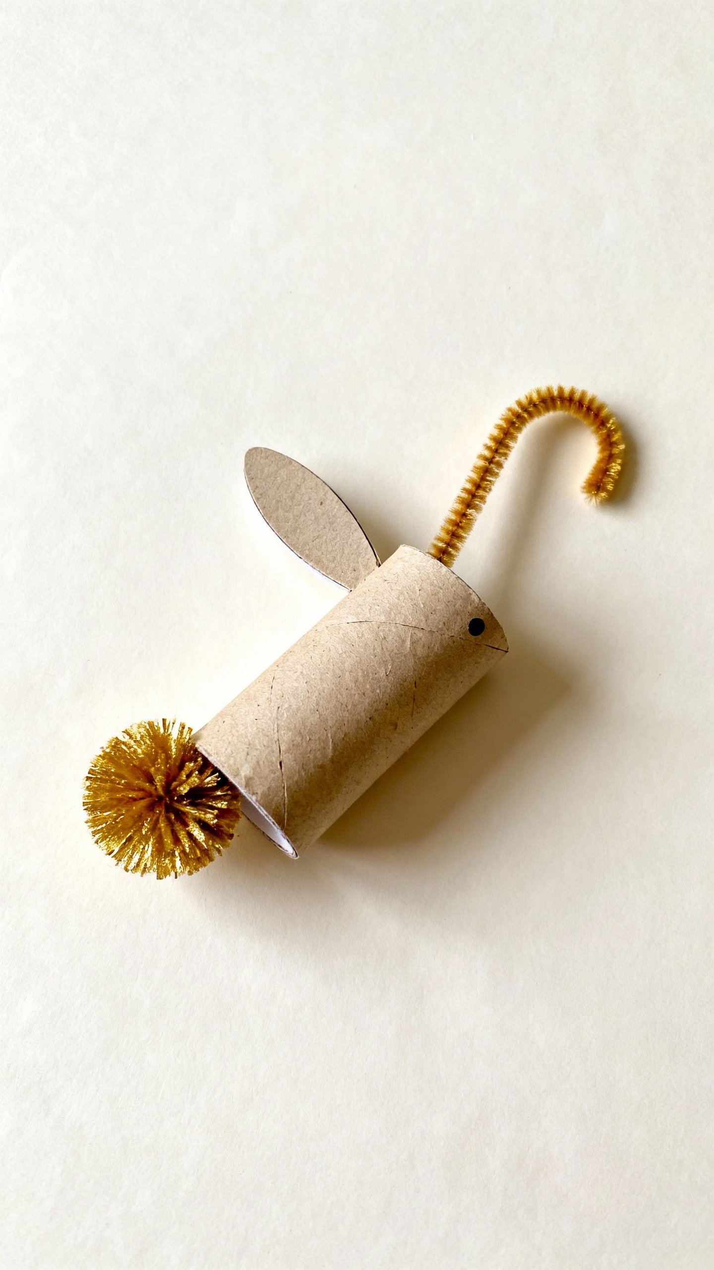 Overhead of toilet paper roll bunny with pom-pom tail and pipe-cleaner handle