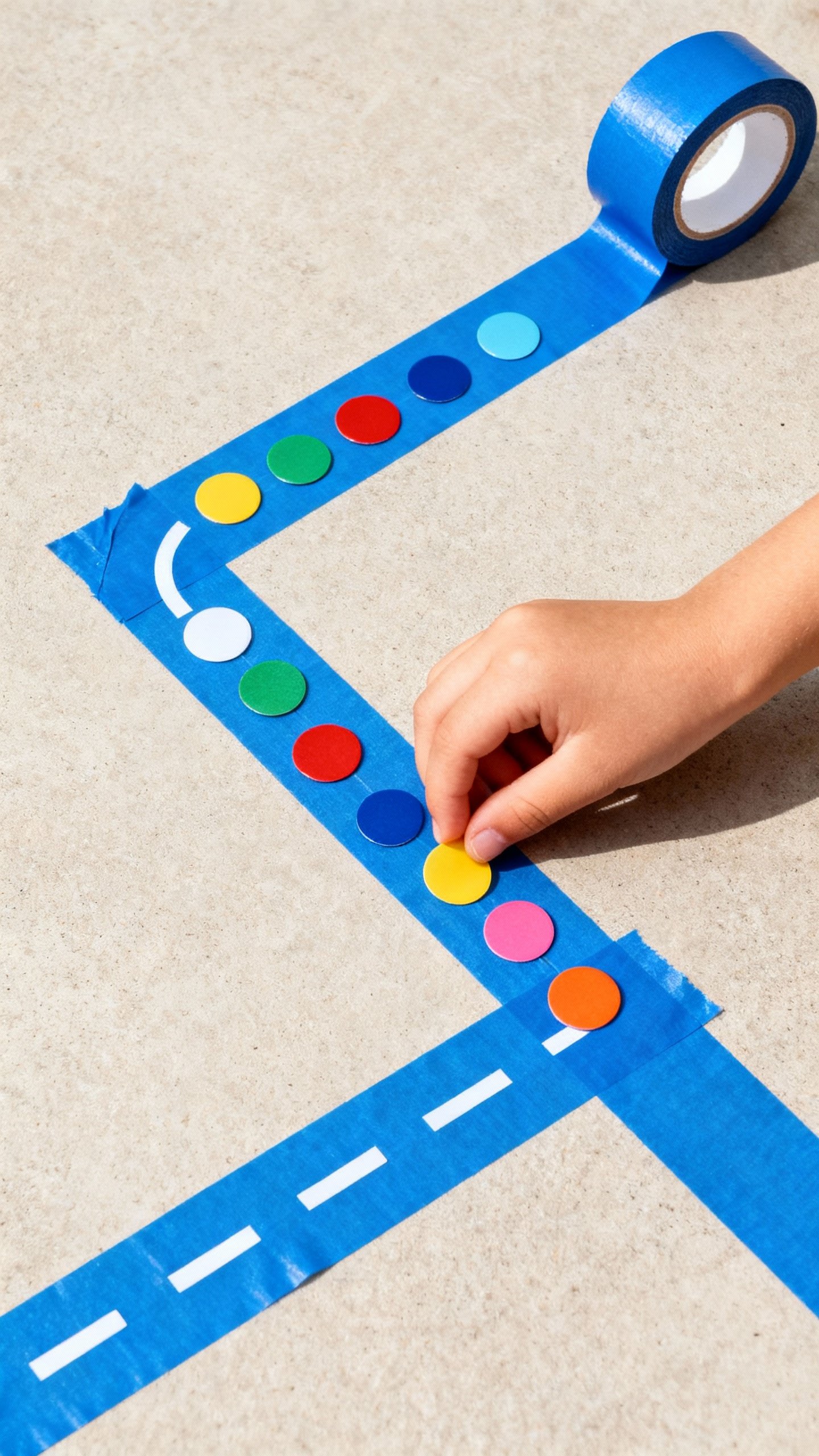 Overhead shot kid placing dot stickers along blue painter’s tape road