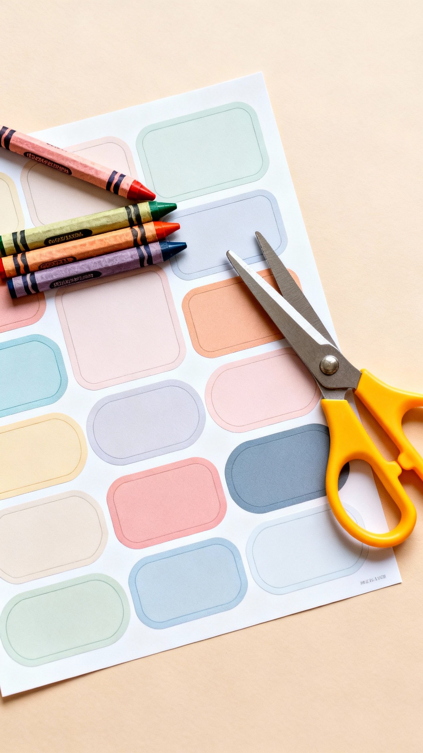 Overhead shot matte sticker sheet, crayons, scissors, rounded corners